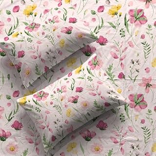 Urban Space Serene 200 TC 100% Cotton Elastic Fitted Bedsheets King Size With 2 Pillow Covers, King Size Bedsheet Floral(Meadows Rose Pink, Size 72 X 78 Inches)