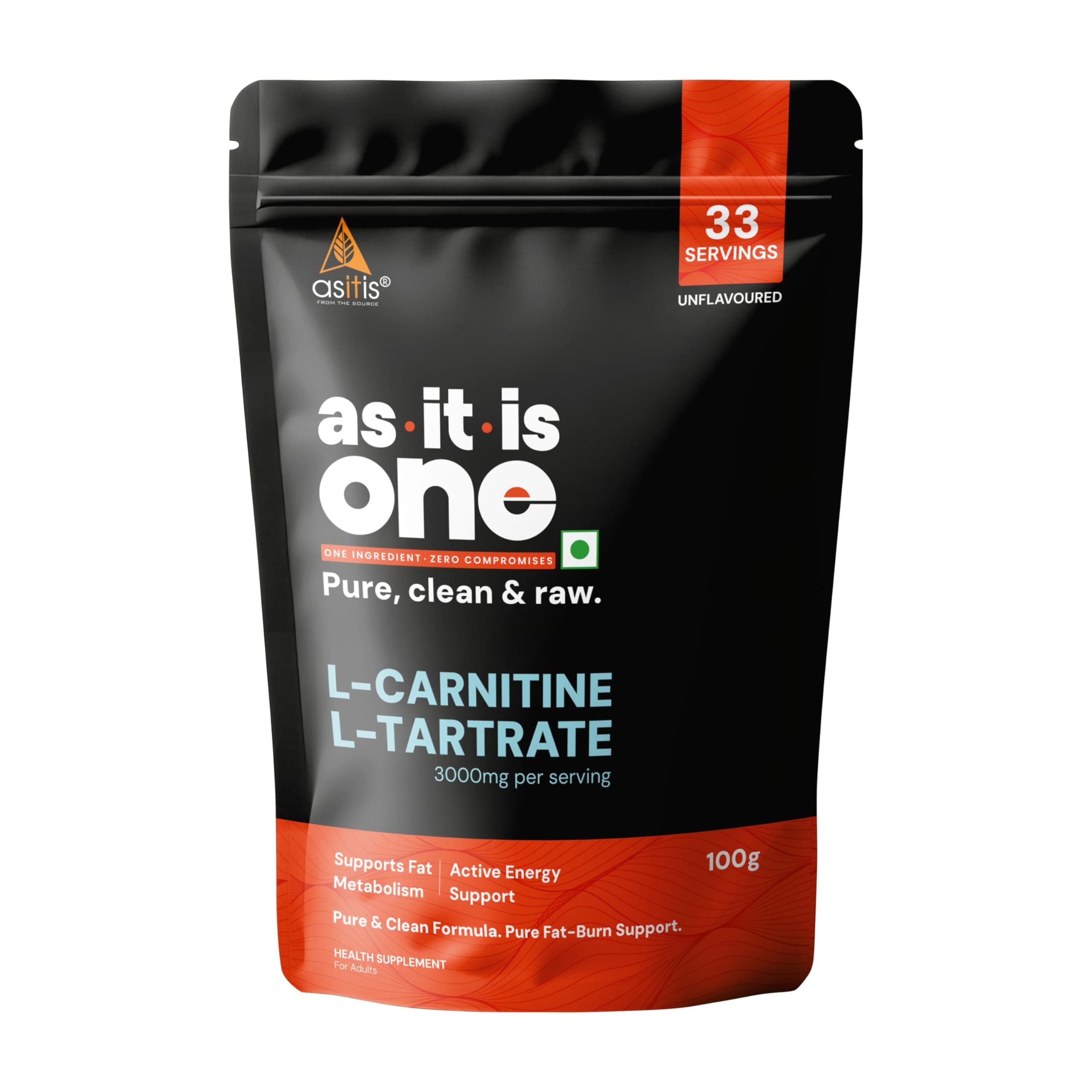 AS-IT-IS One L Carnitine L Tartrate - Unflavoured, Unsweetened, 100g - Supports Fat Metabolism & Energy Production,