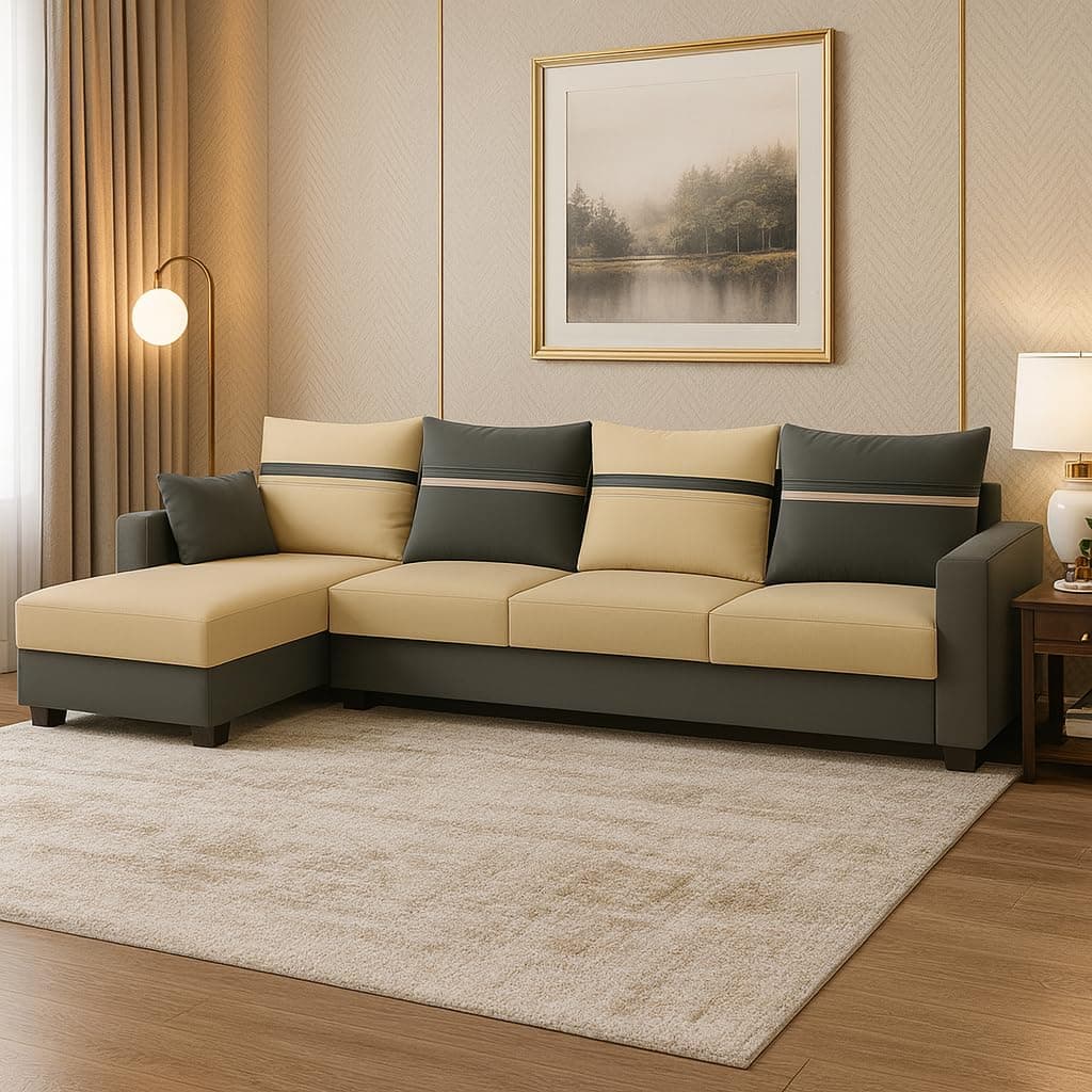 CASASTYLE Wallis 5 Seater Fabric LHS L Shape Sofa Set (Beige-Dark Grey) Velvet Finish | Comfortable Sectional Sofa for Living Room