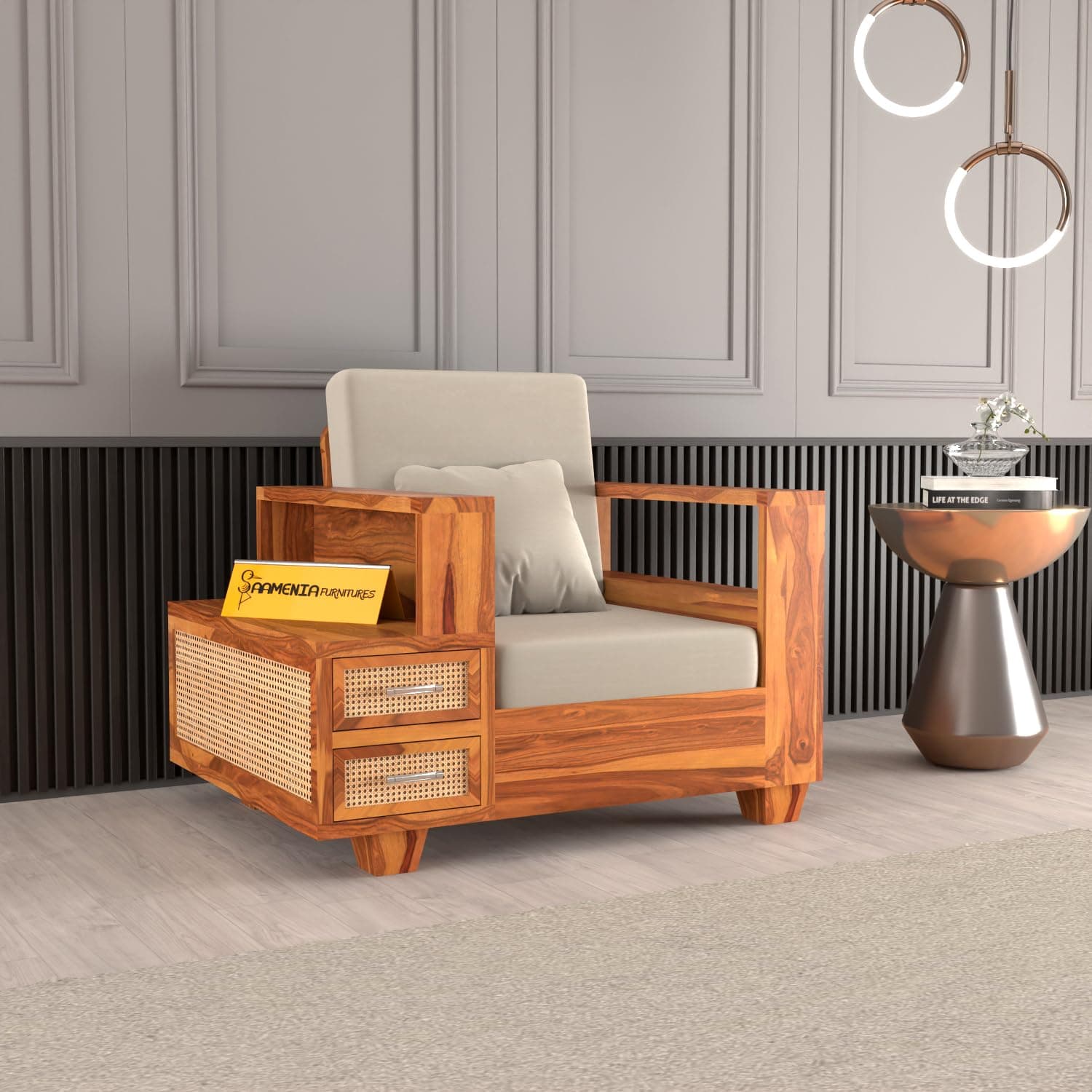 sofa set 3 (Honey Finish, 1 Seater Sofa, Sofa with Drawer - Cane)