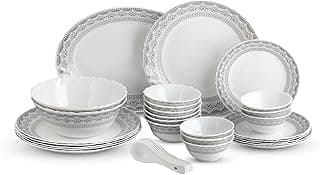 CELLO Oxford Imperial Plus Series Opalware Dinner Set of 33 Piece For Family of 6 | Bone-Ash Free & Leadfree Opal Glass Microwave & Dishwasher Safe, Crockery Plates & Bowls Set For Daily Use & Gifting