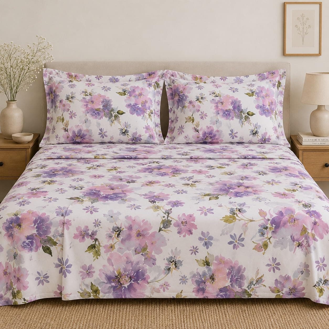 Linen Home Cotton Percale Flat Bedsheet Set Queen Size Floral Purple