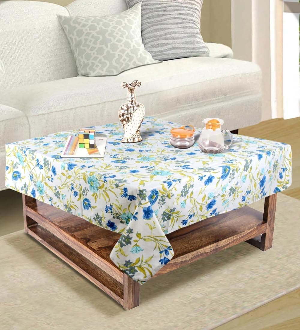 Stylista Cotton Square Center Table Cover (WxL 36x36) in Inches - Floral Blue Leaf on offwhite Base