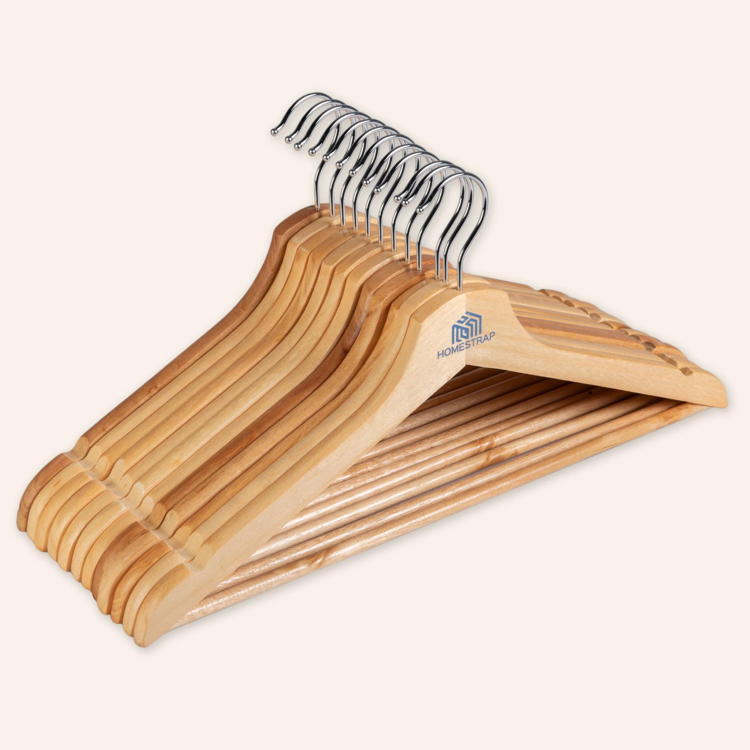 Homestrap Premium Round Bar Wooden Hanger (Pack of 12)| Durable Wooden Garment Hangers with Cut Notches & 360 Degree Swivel Chrome Hook for Hanging Heavy Clothes