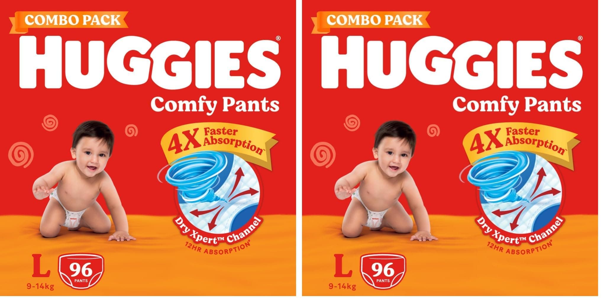 Huggies Comfy Pants Baby Diaper, Large (L) Size (9-14 Kgs), Pack of 192 (96 count, Pack of 2)