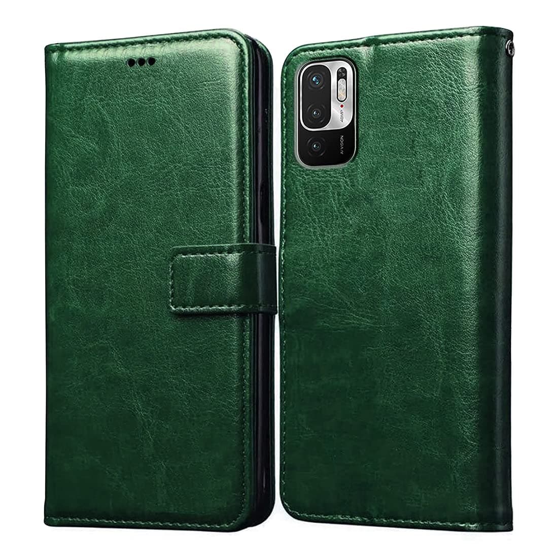 Amazon Brand - Solimo Flip Leather Mobile Cover (Soft, Flexible & Kickstand Back case) Compatible for Mi Redmi Note 10T 5G (Green)