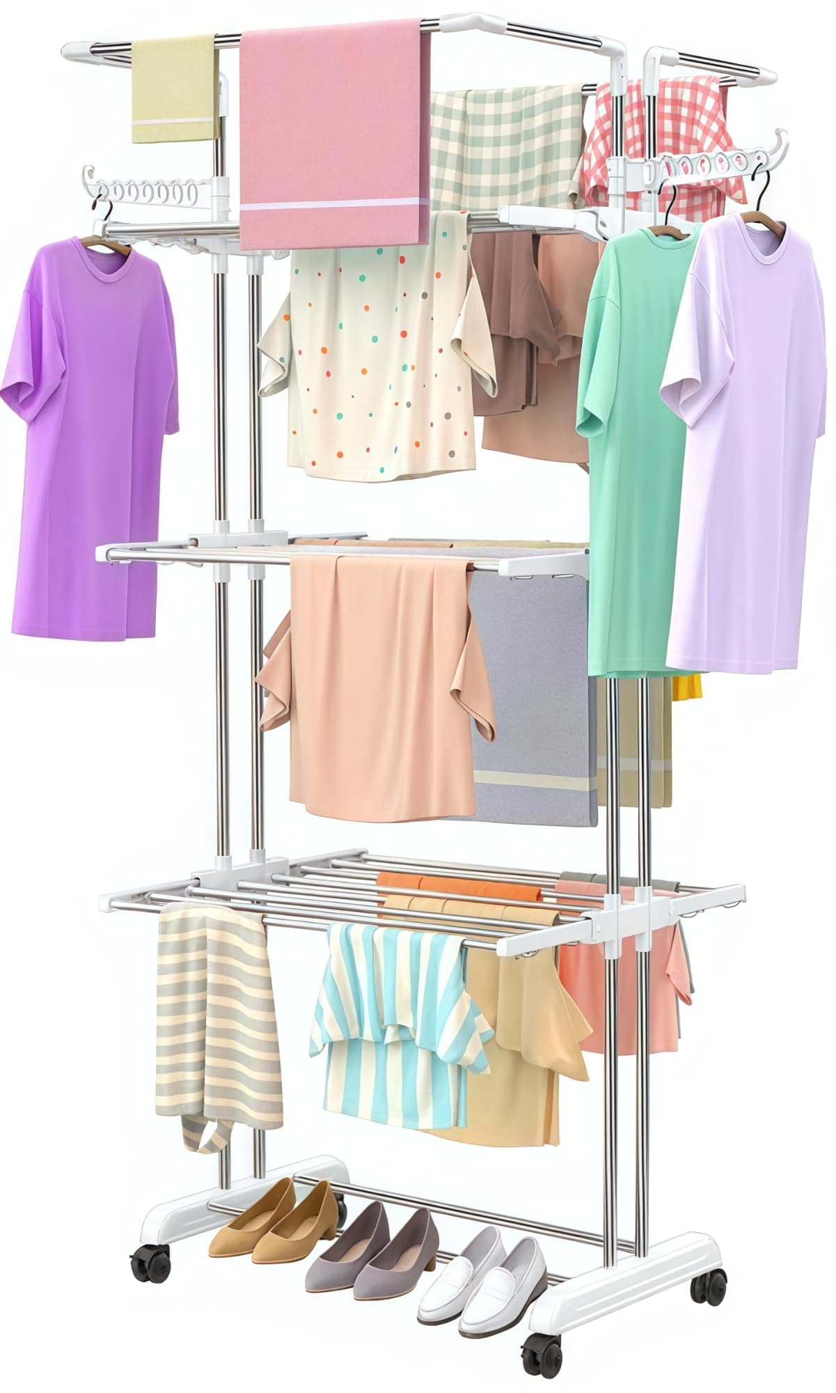 H Houseware Heavy Duty Stainless Steel 4 Tier Cloth Drying Stand with Wheels | Large Clothes Dryer & Laundry Rack | 43.2D x 78.7W x 194H cm | 5kg | Rustproof & Portable(Jumbo White Stand)