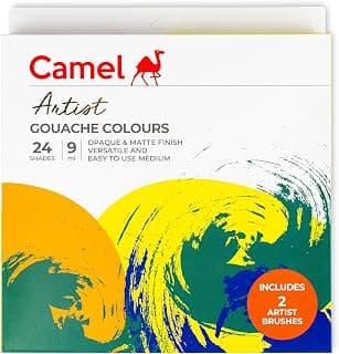 Camel Artist Gouache Colours Assorted Pack of 24 Shades, 9ml Each with 2 Artist Brushes