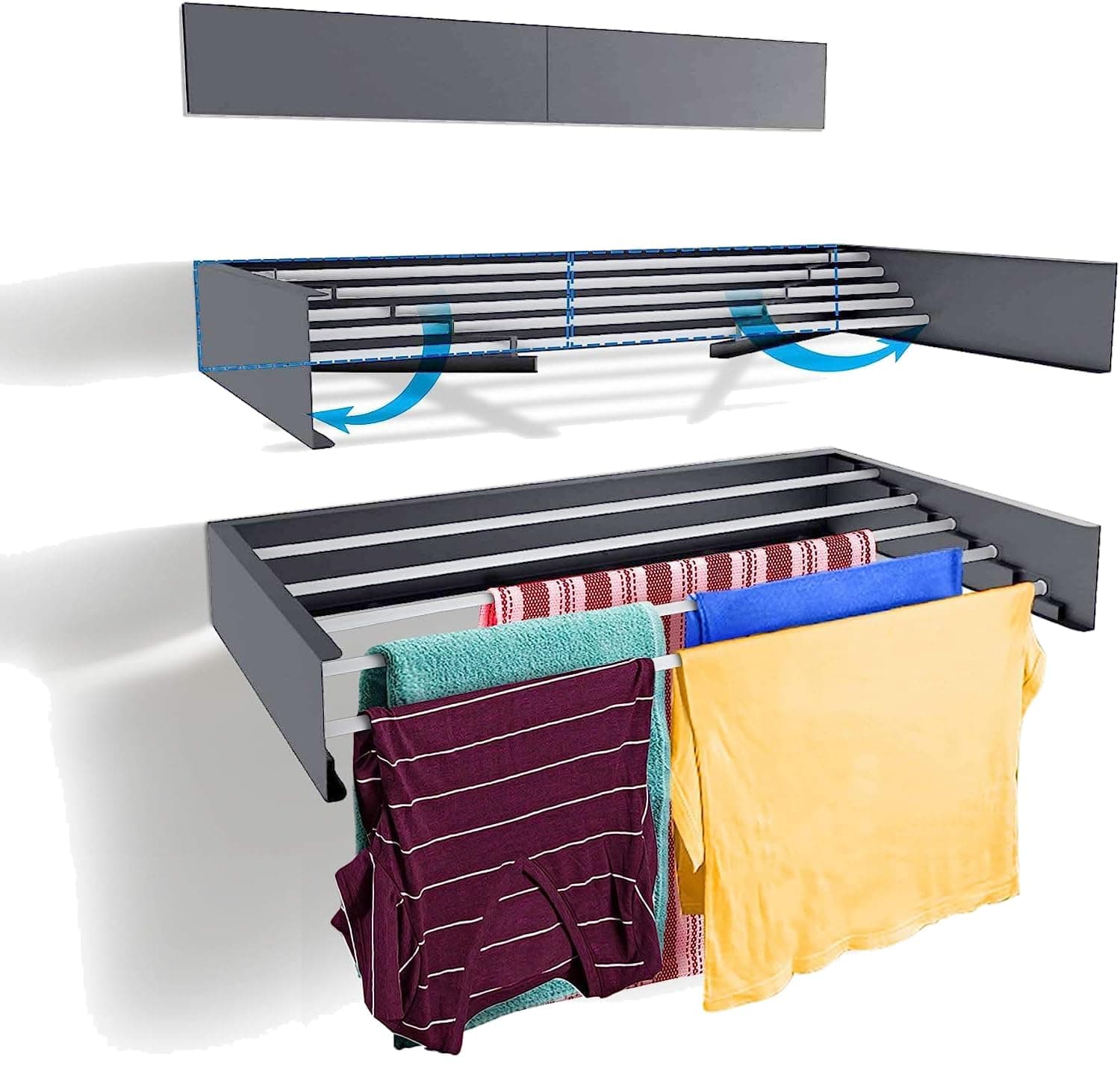 Rainbow Drywell Fold & Hide Metal Rust Free Clothes Drying Rack - Wall Mounting | Folding Collapsible Space Saver Cloth Drying Stand for Drying Color - Grey (80 cms x 5 Pipes)