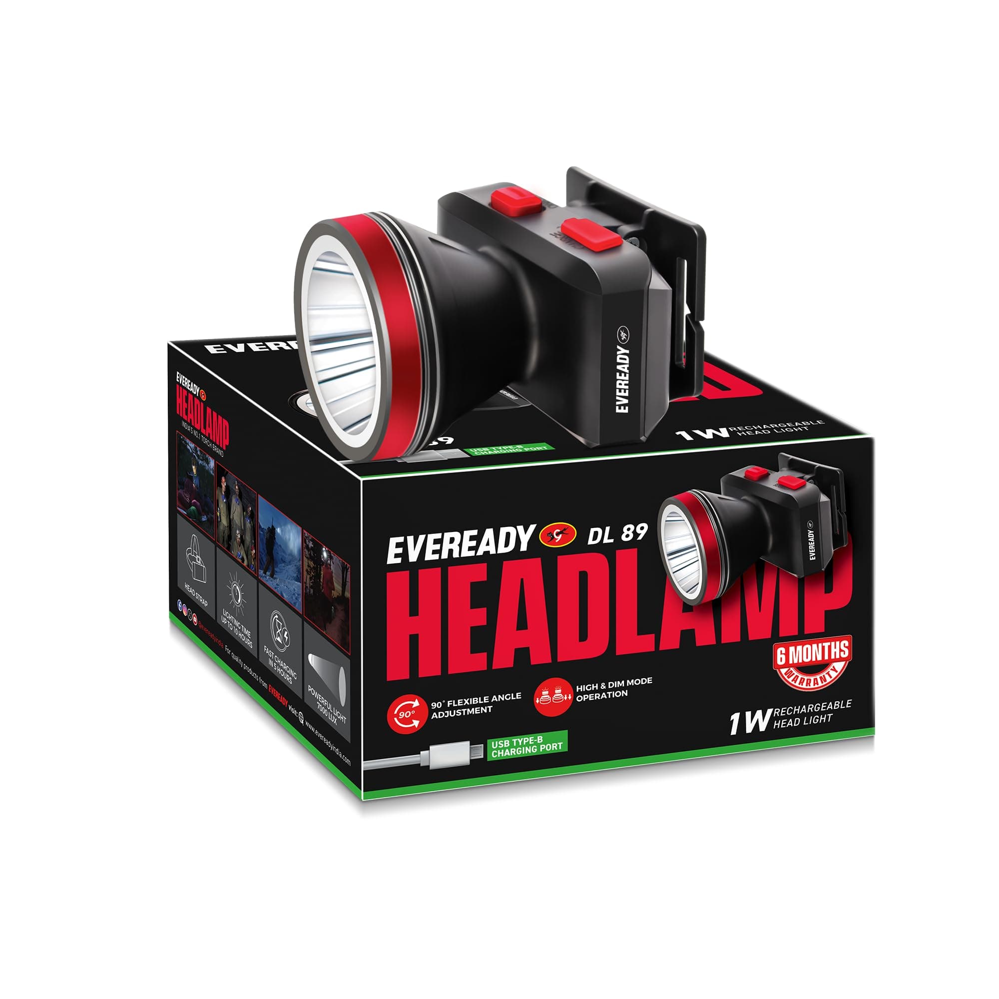 Eveready Headlamp DL89, Rechargeable 1W Led Emergency Head Light Torch, 90° Tilt, Easy to Mount (Can Be Worn Without A Helmet), Type-B/Micro-USB Fast Charging, Powered By Li-Ion Battery