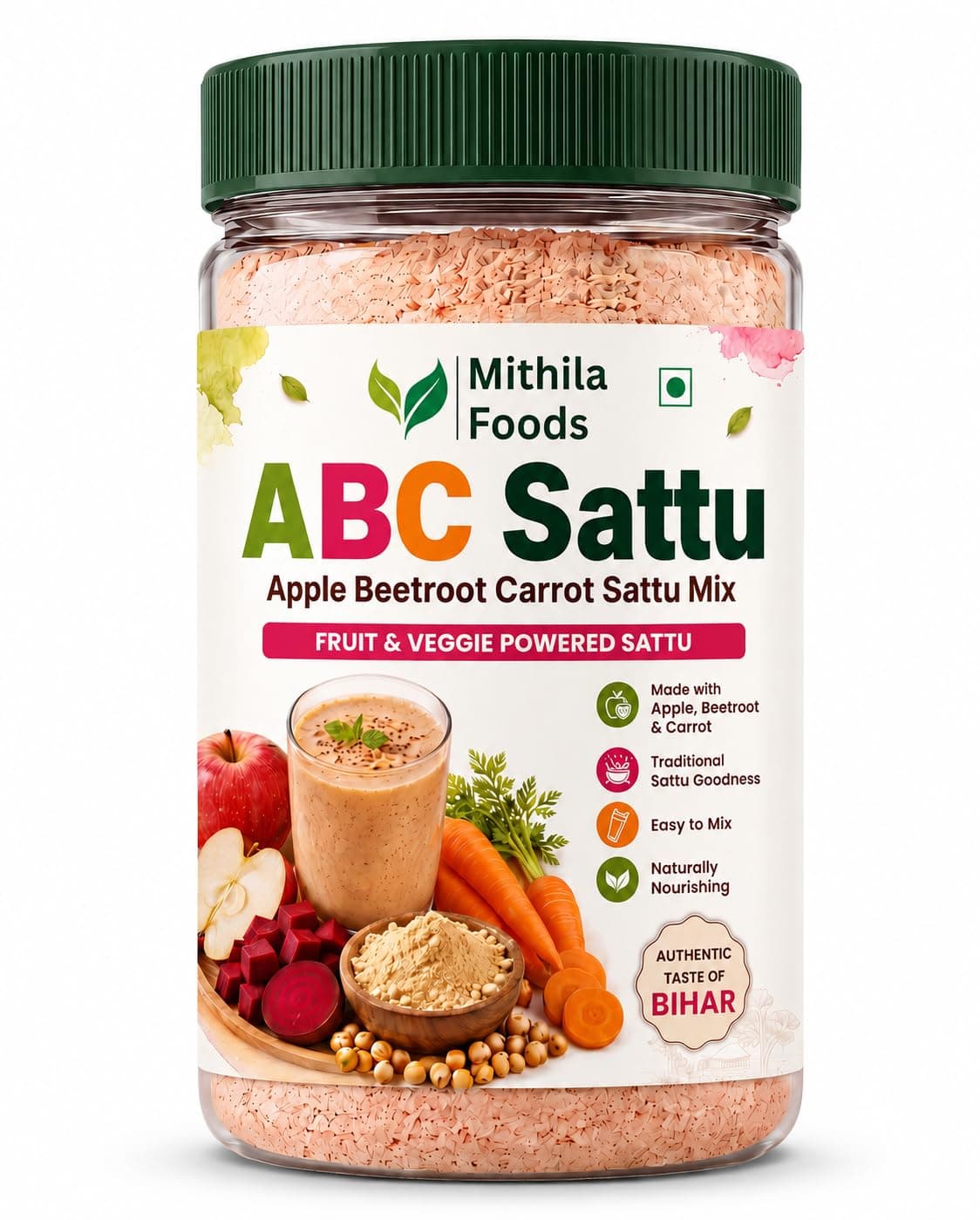 MITHILA FOODS ABC Sattu 1 Kg | Apple Beetroot Carrot Sattu Powder | Protein + Detox + Skin Glow + Stamina | Natural Energy Immunity Booster Drink | No Added Sugar Vegan | Authentic Taste of Bihar