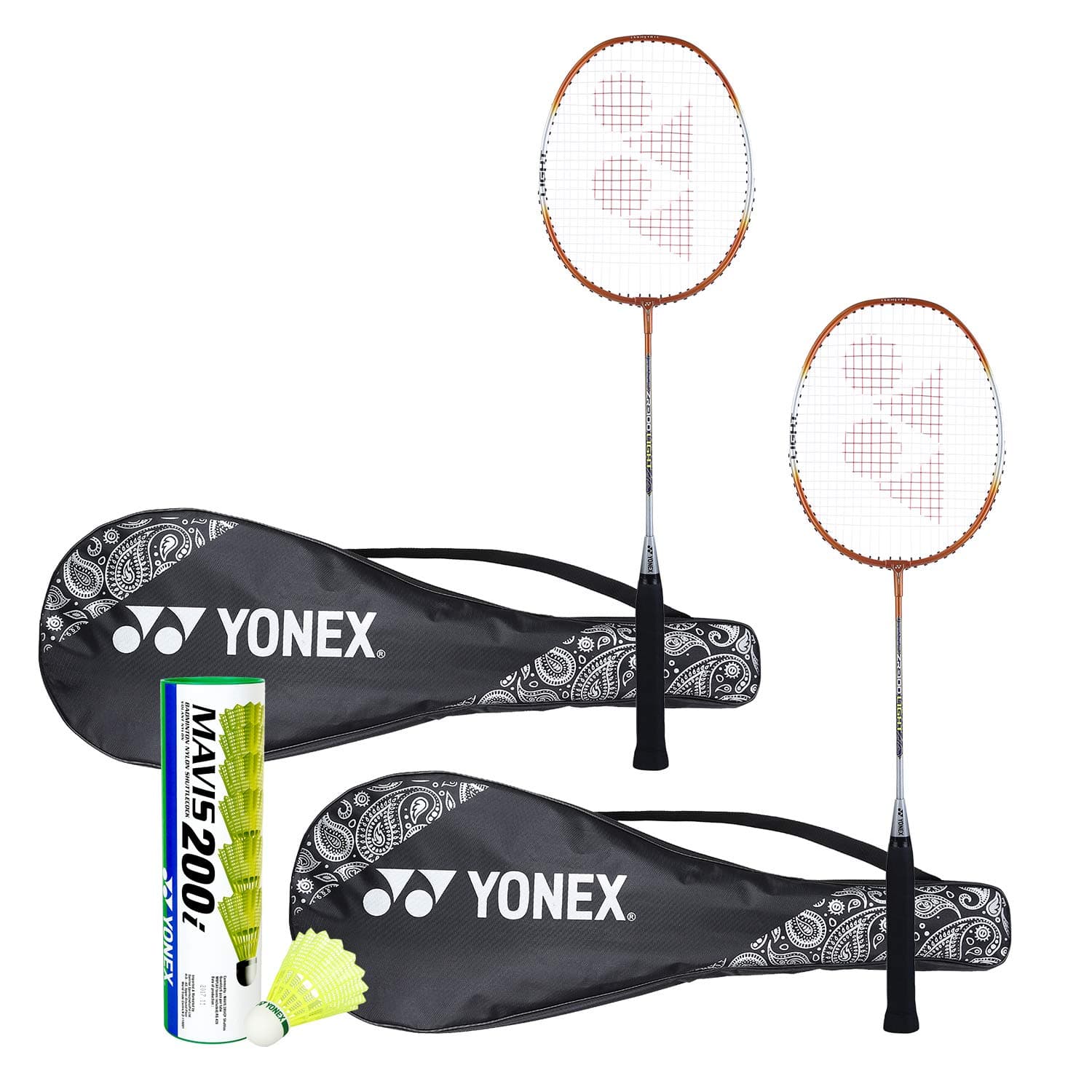 YONEX ZR 100 Aluminum Light Badminton Racquet with Full Cover (Orange) - Set of 2 with Mavis 200I Shuttlecock - Pack of 6 Badminton Combo