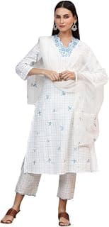 W for Woman White Embroidered Checker Pure Cotton Straight Kurta, Pants and Dupatta Set