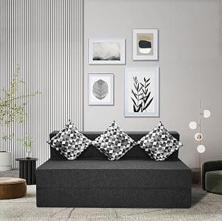 Seventh Heaven 3 Seater 5 * 6 Jute Fabric Washable Cover Sofa Cum Bed with 3 Cushions 3 Seater Double Foam Fold Out Sofa Cum Bed (Finish Color - Grey Delivery Condition - Pre-Assembled)