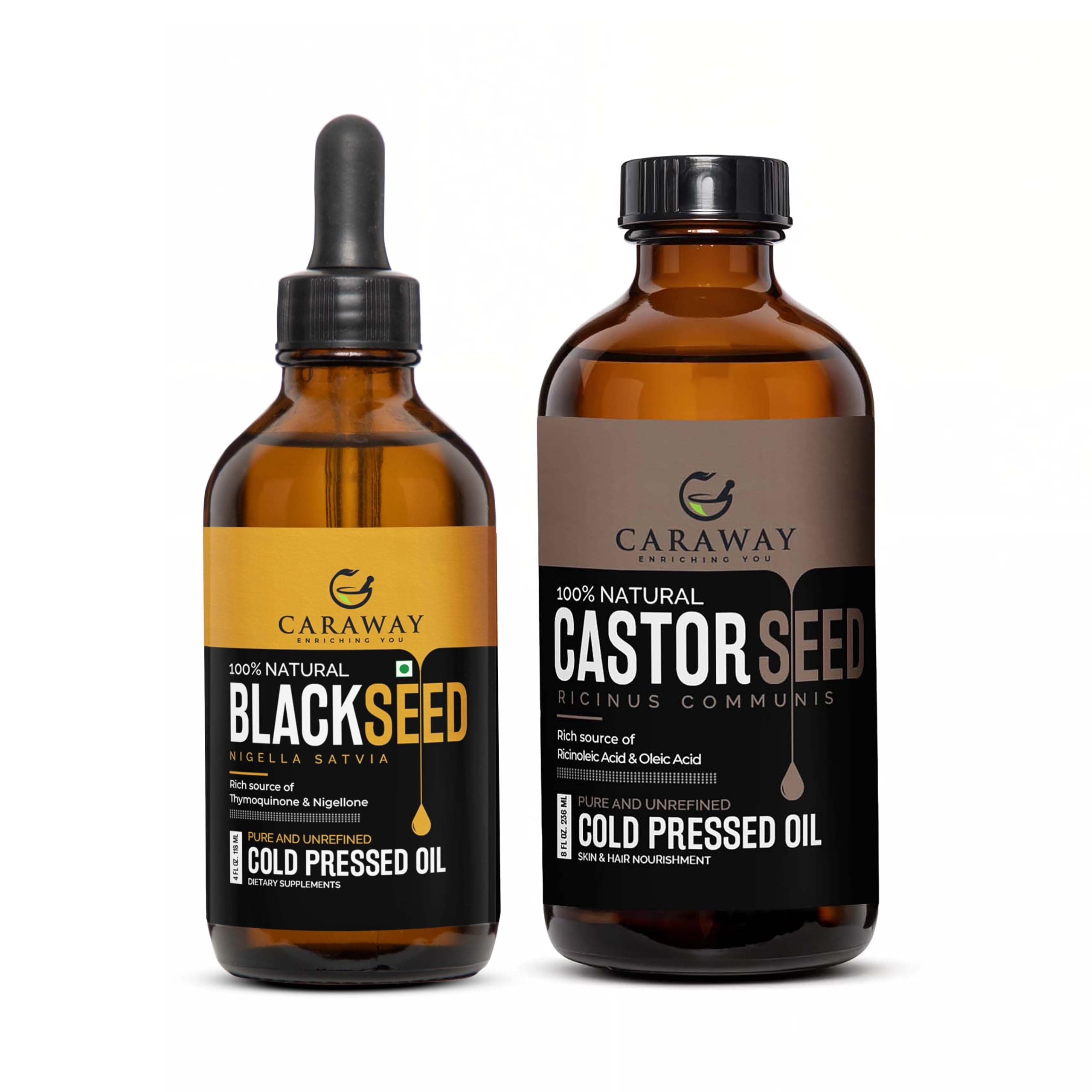 CARAWAY Organic (Black Seed) Kalonji Oil 118 ml with Castor Oil 236 ml Combo - Promotes Hair Growth