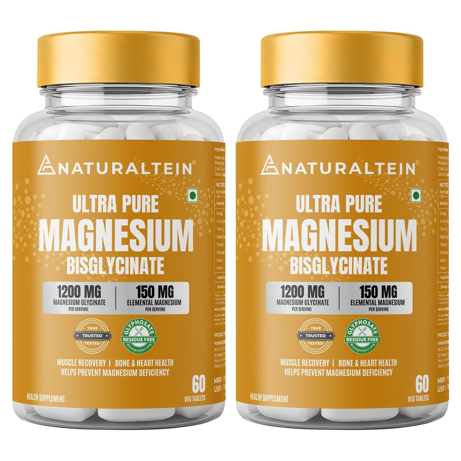 Naturaltein Magnesium Glycinate 1200mg (150mg Elemental) | Chelated High Absorption Magnesium Supports Sleep Quality & Muscle Relaxation | Glyphosate Tested | 120 Tablets