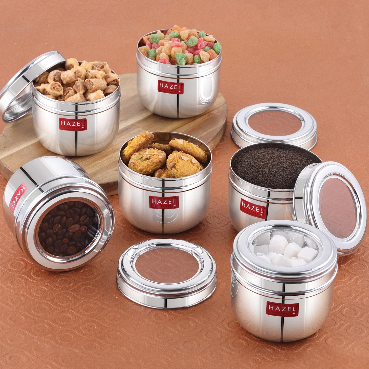 HAZEL Stainless Steel Transparent Lid Containers | Versatile Storage Jars with See-Through Top | Nesting Kitchen Canisters for Spices, Snacks & Grains | 500ml (Set of 6)