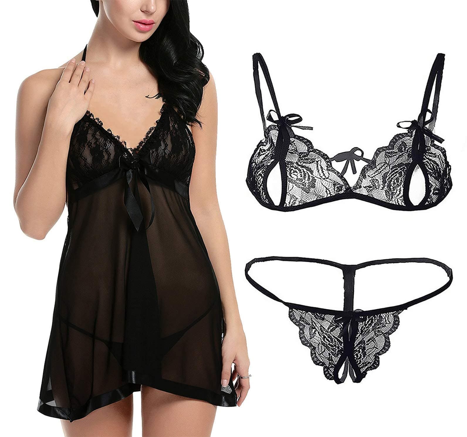 SoSh Love Sexy Women Lingerie Lace Babydoll V Neck Chemise Nightwear Babydoll Lingerie for Honeymoon Nightwear Beahwear BeachParty Lingerie with G-String Panty for Wedding Honeymoon Chrismas