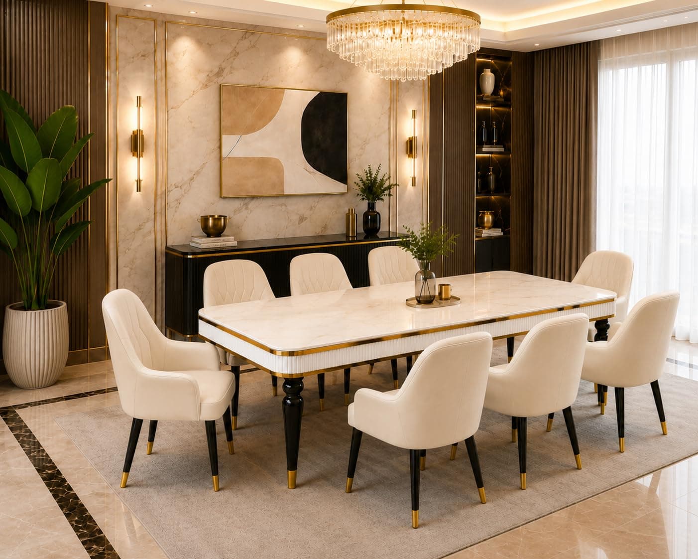 8 Seater Dining Table Set with Nano Composite Marble Top, Solid Wood Base & 8 Upholstered Chairs, Modern Dining Table Set for Home & Dining Room Furniture