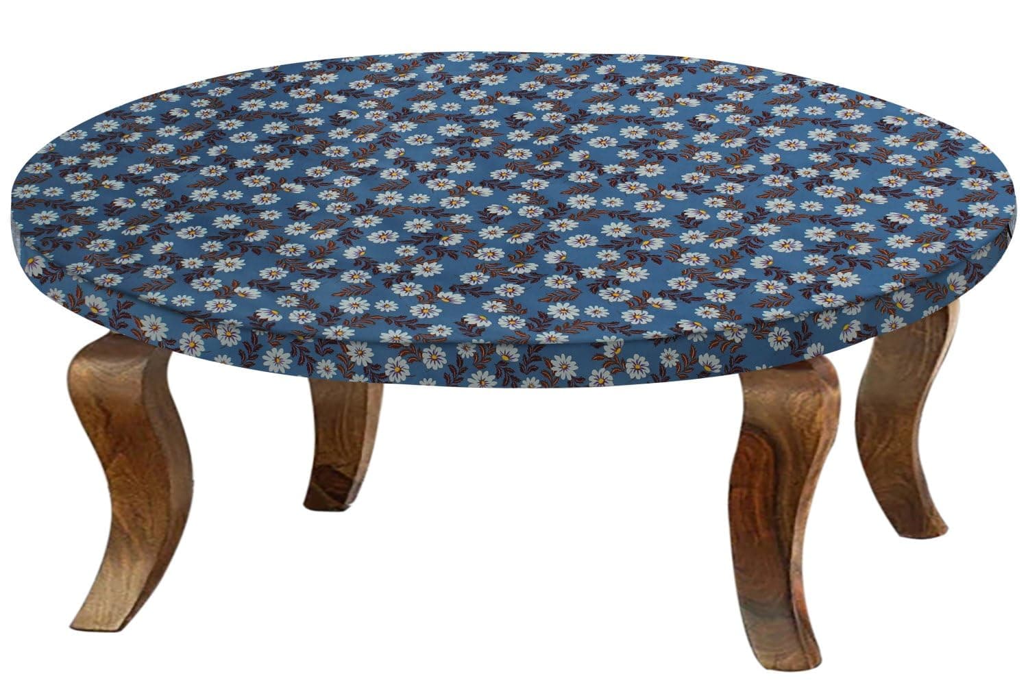 Stylista Polyester Elastic Round Center Tpoy Table Cover (WxL 24x24) in Inches - Floral Pattern Blueish Grey