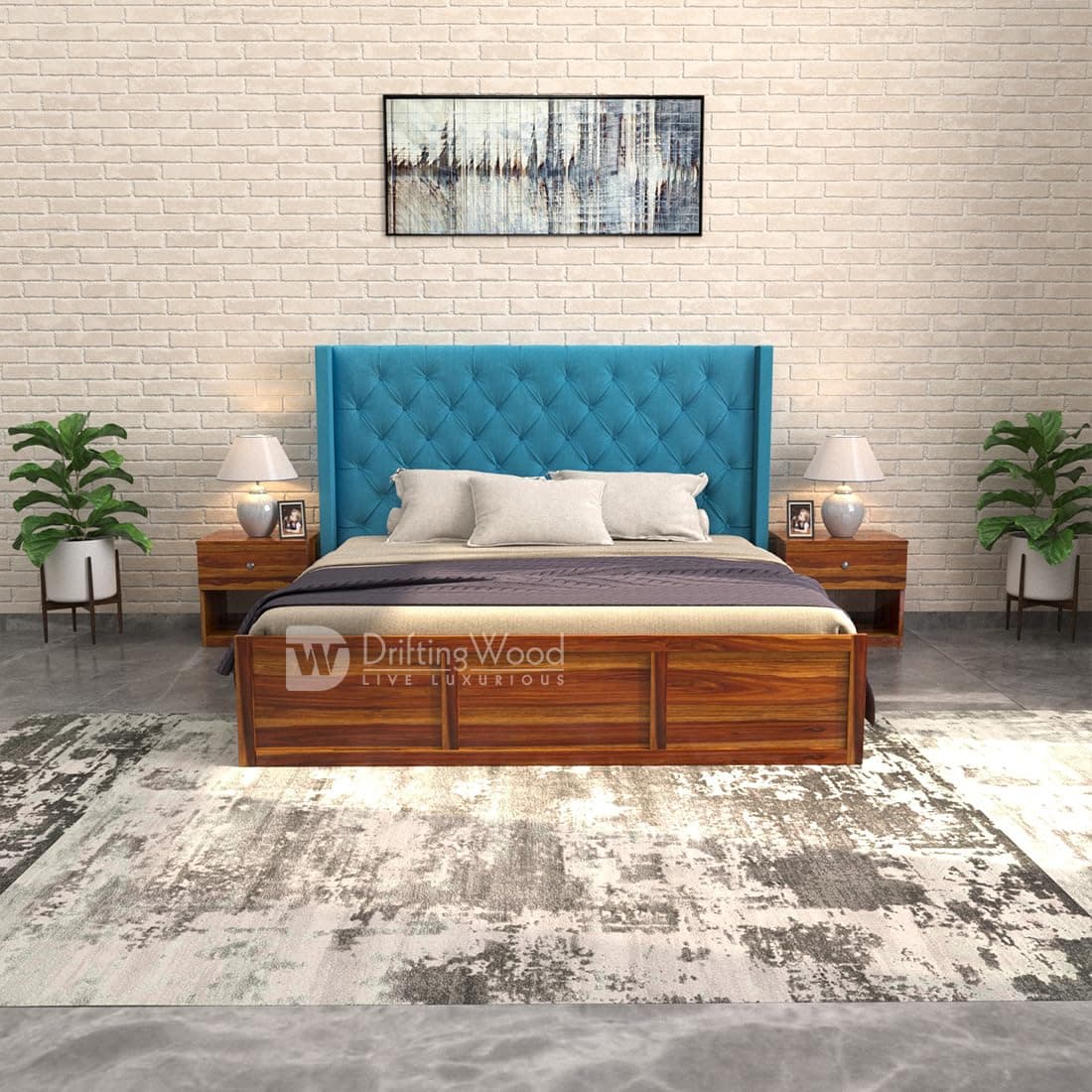 DRIFTINGWOOD Maya Solid Sheesham Wood King Size Bed with Storage | Wooden Double Bed Cot Bed with Box Storage & Blue Upholstered Cushioned Headboard for Bedroom | Honey Finish