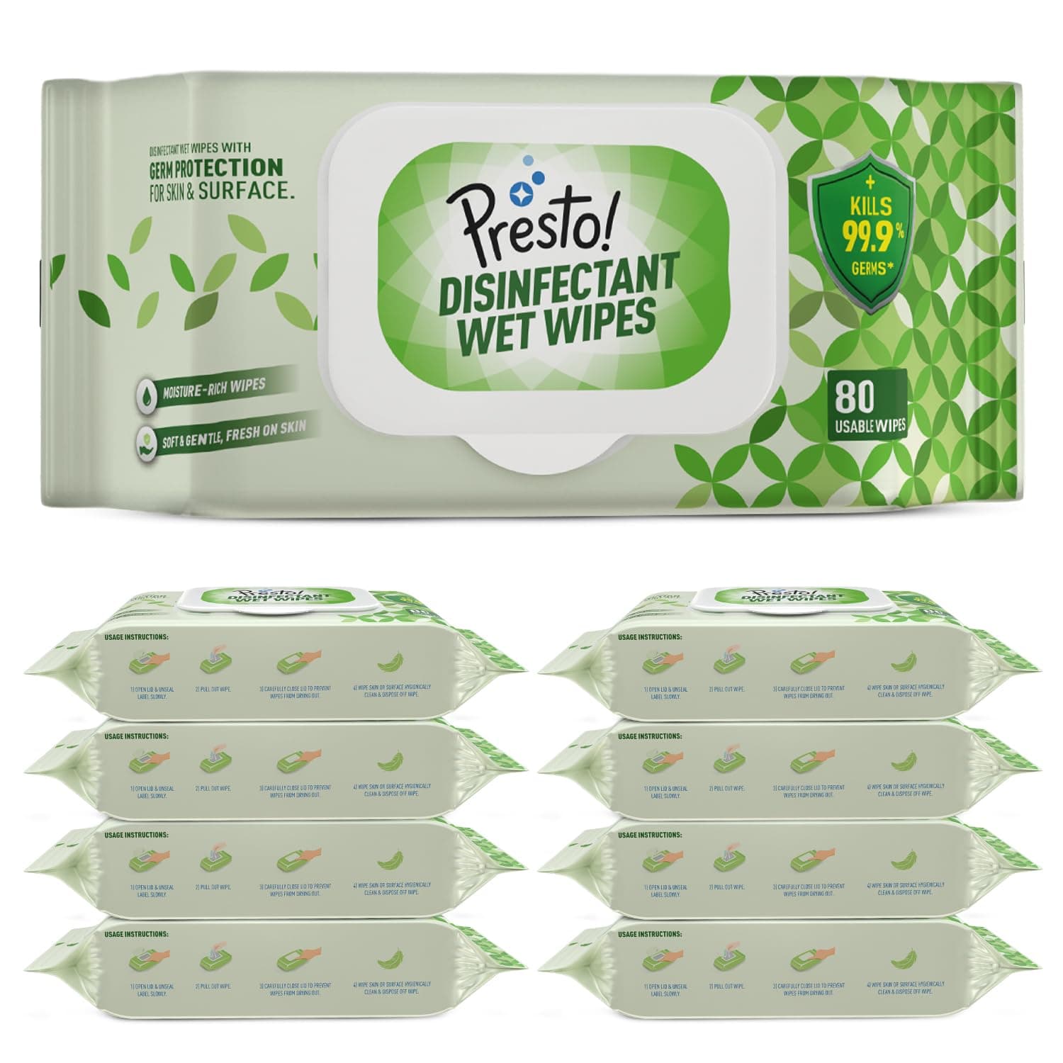 Amazon Brand - Presto! Disinfectant Wet Wipes With Lid | 720 Count | (80 Counts x Pack of 9) | Germ Protection for Skin and Surface