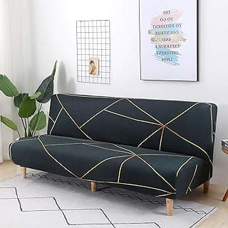 House of Quirk Stretch Sofa Slipcover Armless Futon Cover Printed Fitted Furniture Protector Elastic Polyester Spandex Washable Armless Sofa Cover Folding Couch Shield Sofa Cover (Green Gold Prism)