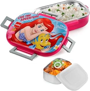 CELLO Feast Deluxe Princess Design Insulated Lunch Box, Pink | Inner Stainless Steel Mini Box | 2 Container with Locking Lid | Ideal for School & Picnic