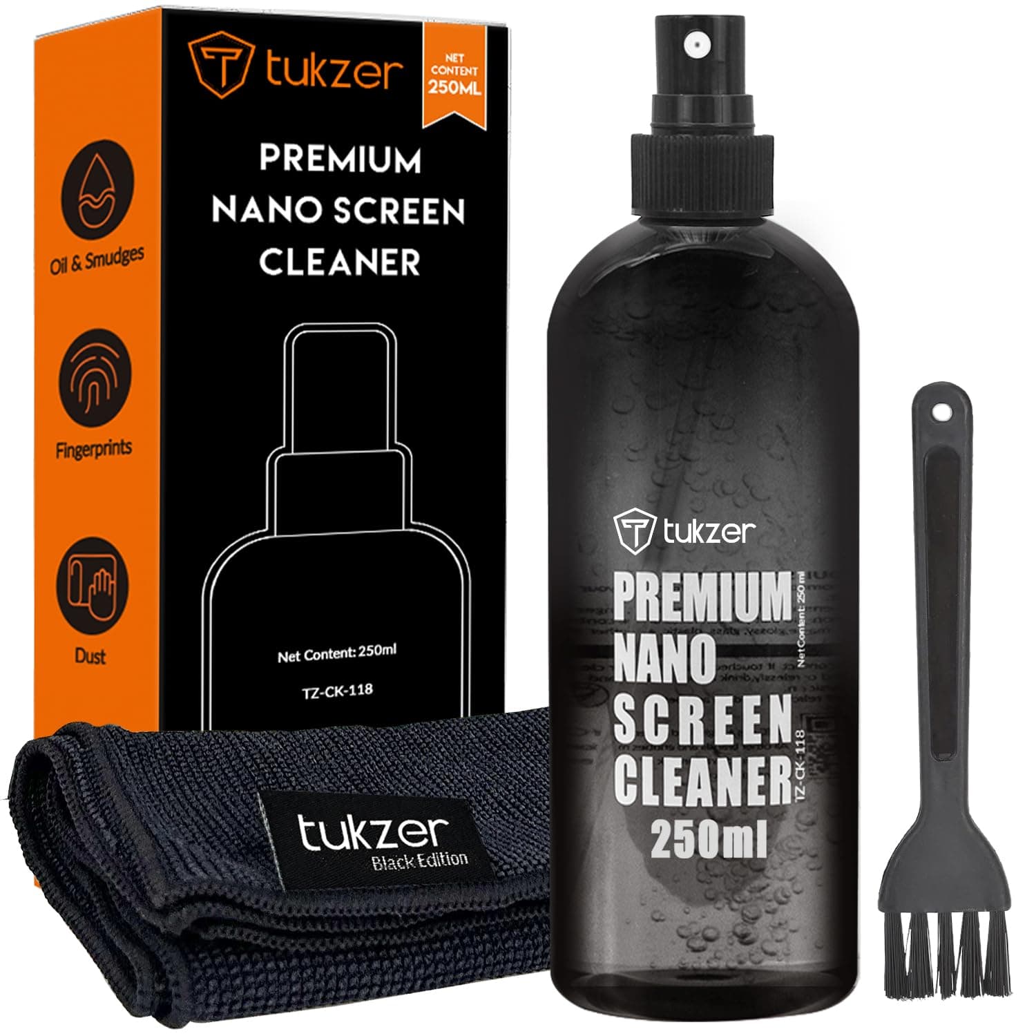 Tukzer 6in1 Cleaning Kit for Smartphone, Tablet, Laptop, Camera,Monitor,TV,Binocular,Lens(Includes:-2 Soft Brushes, 250ml Anti-Static Liquid Spray, Microfiber Cloth, Toothpick Cleaner, Keycap Puller)