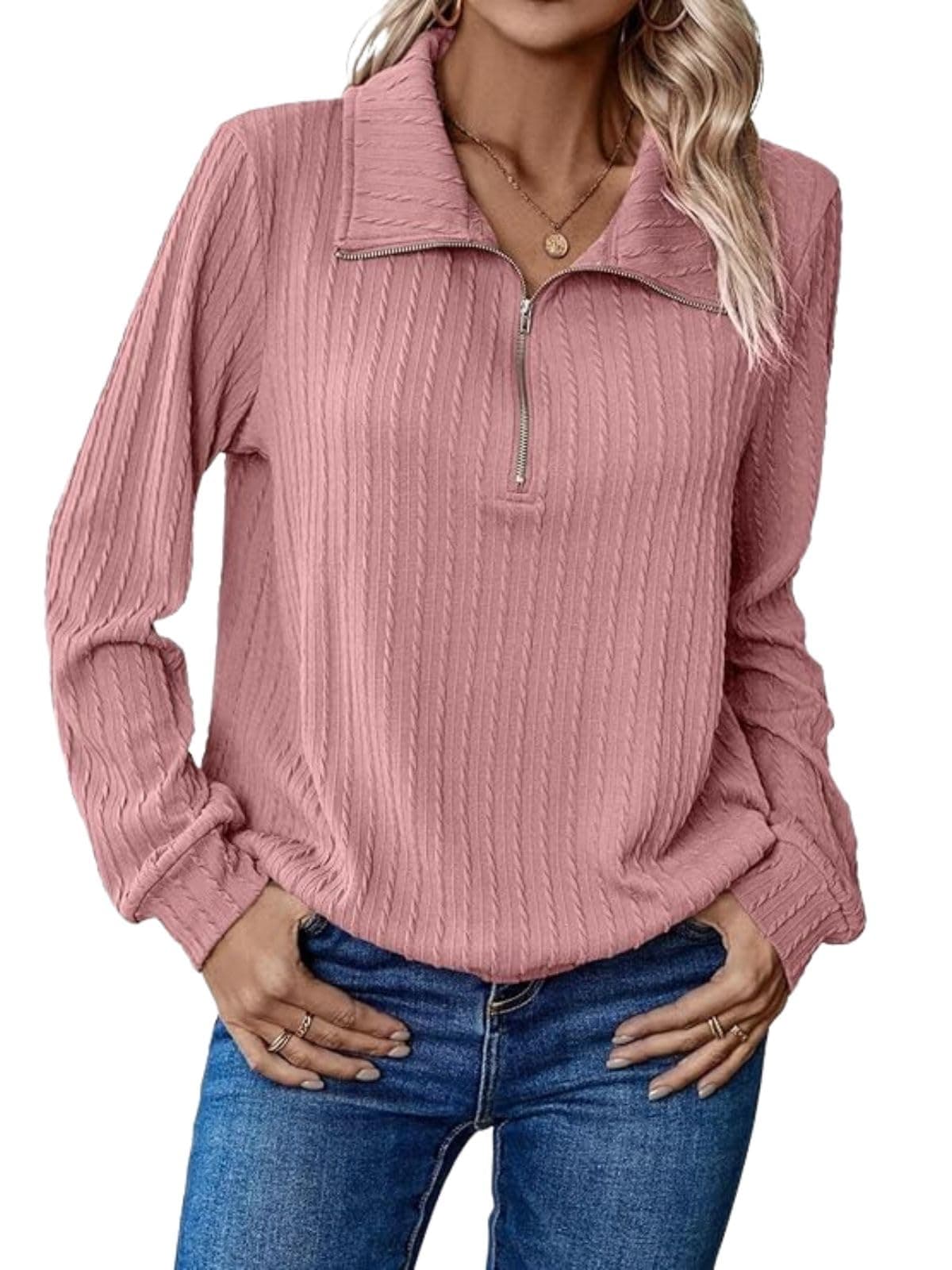 Leriya Fashion Women's Casual Long Sleeve T-Shirt - Half Zip Textured Summer Tee, Lightweight Breathable Basic Top for Daily, Work & Travel,Street Style