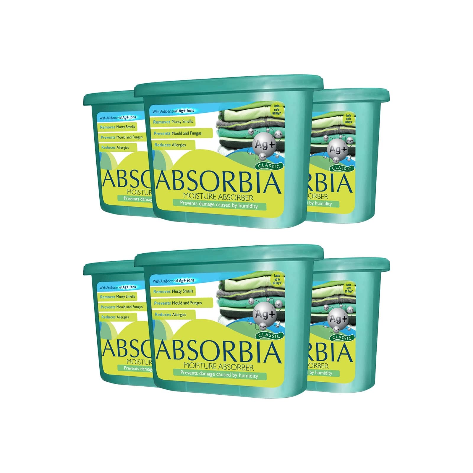 Absorbia Moisture Absorber with Ag+ Silver ions | Pack of 6 (600ml Each) | Moisture Absorber for Wardrobe | Dehumidifier for Room Moisture | Air Freshener for Room, Toilet | Moisture Absorbers