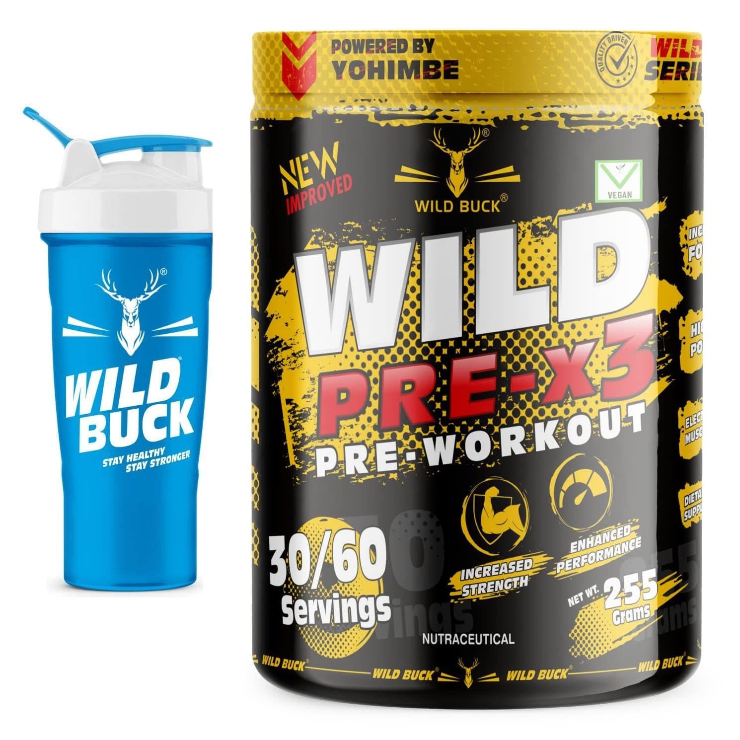 WILD BUCK Wild Pre-X3 Hardcore Pre-Workout Supplement Powder,Energy Drink With Creatine Monohydrate,Beta-Alanine - For Men,Women [30-60 Servings,Wild Berries,255 G]Free Shaker,2 Count