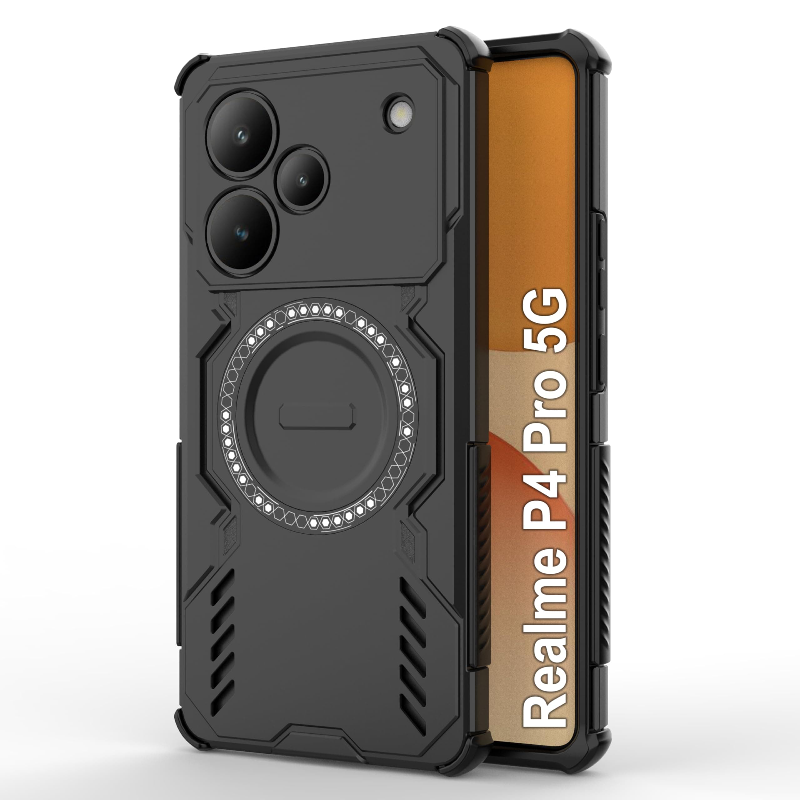 amazon basics Back Case Cover for Realme P4 Pro 5G | Magnetic Case with Built-in Metal Ring | Supports MagSafe Charger, Wallet & Car Mount | Shockproof Hybrid PC + TPU | Black
