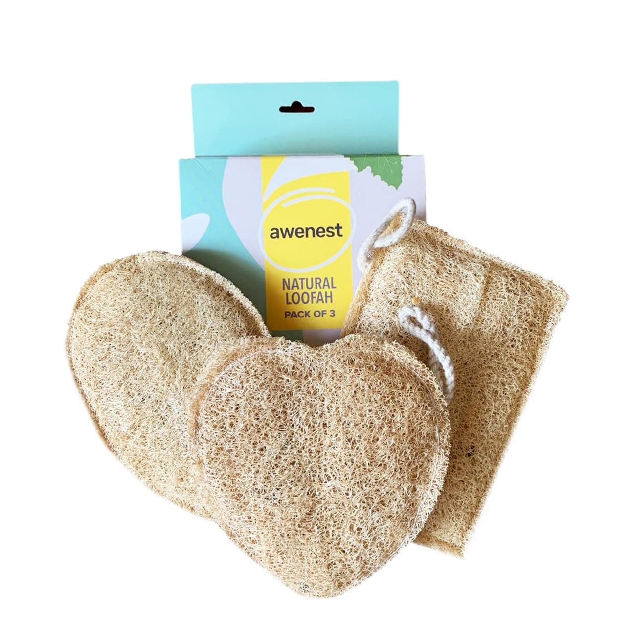 awenest Natural Sun-Dried Loofah | Organic Bath Scrub Sponge - Pack of 3 | Gentle Exfoliating Body Scrub Sponge | Eco-Friendly Biodegradable Body Brush | Removes Dead Skin