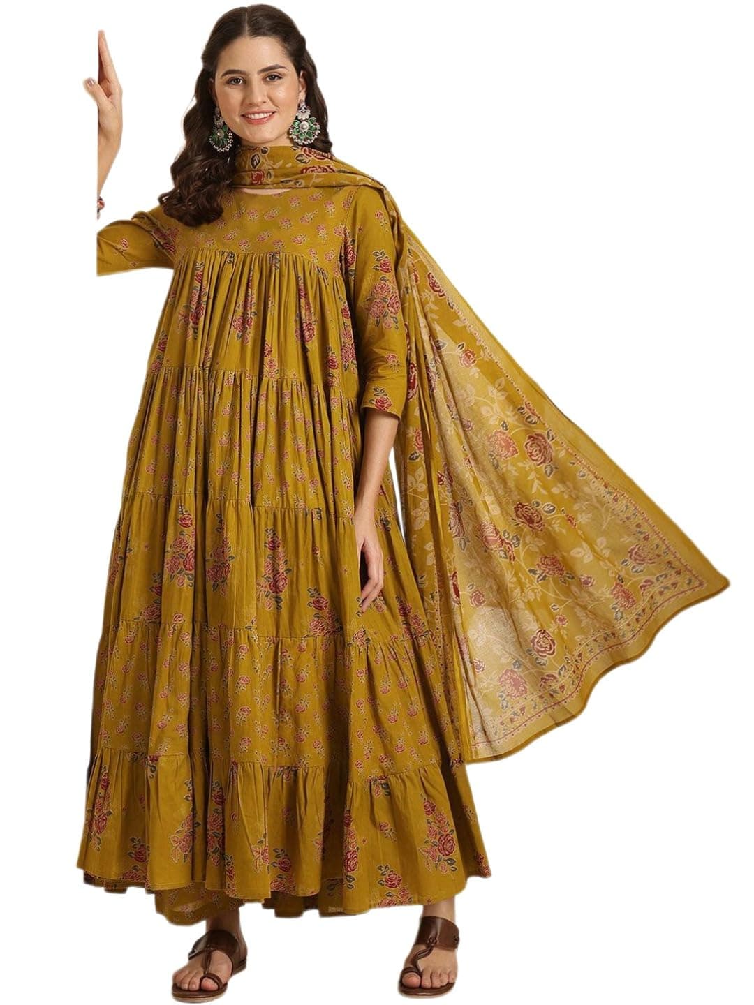 ANNI Designer Women's Pure Cotton Block Hand Print Anarkali Kurta Set with Dupatta | Floral Printed Suit Set for Women|Anarkali Flared Hem Style Ethnic Kurta with Trousers