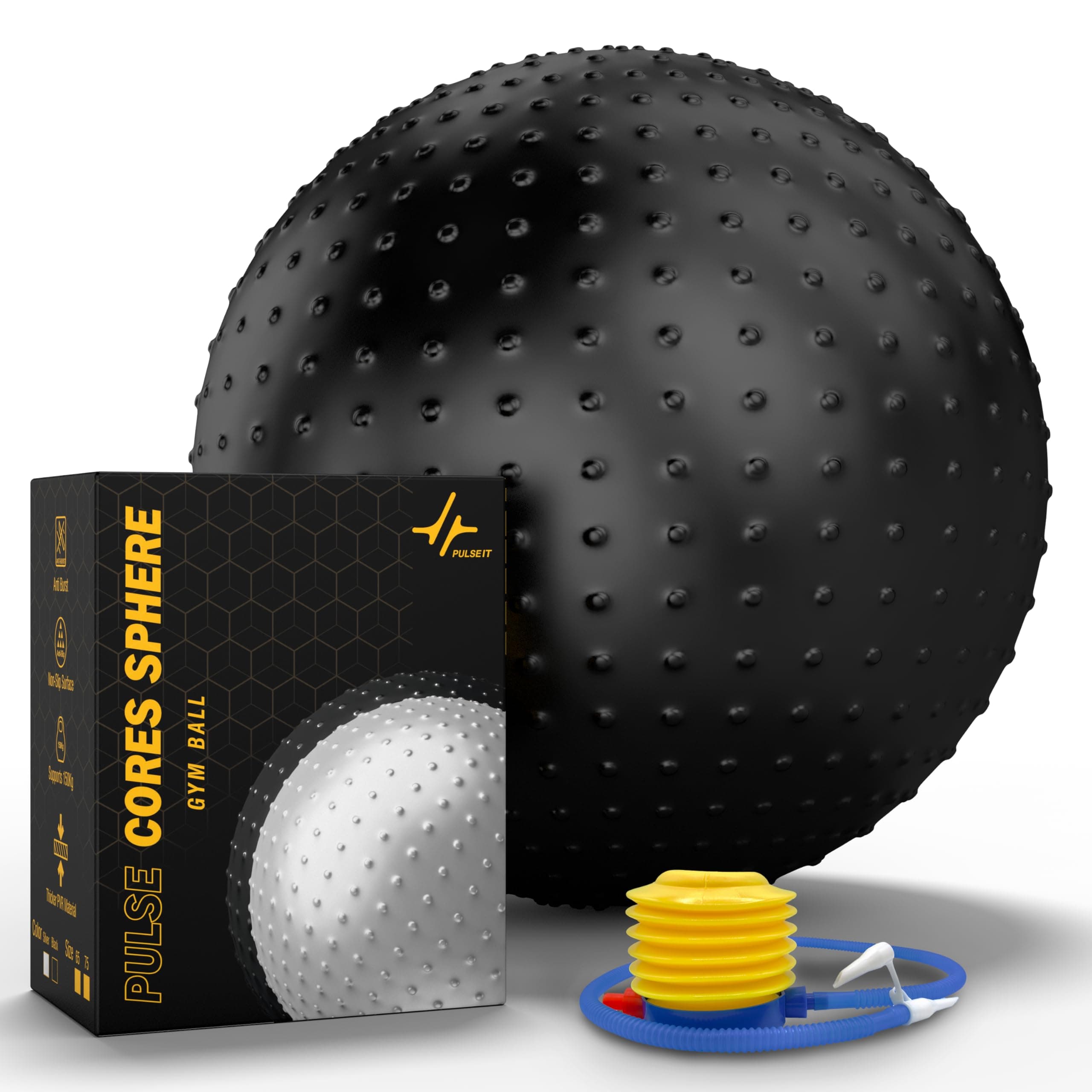 PULSEIT PulseITFlexSphere Anti-Burst Spiky Gym Ball with Foot Pump Exercise Stability Ball for Yoga, Pilates, Balance Training, Core Strength, Home & Office Fitness for Men & Women (65cm-Black)
