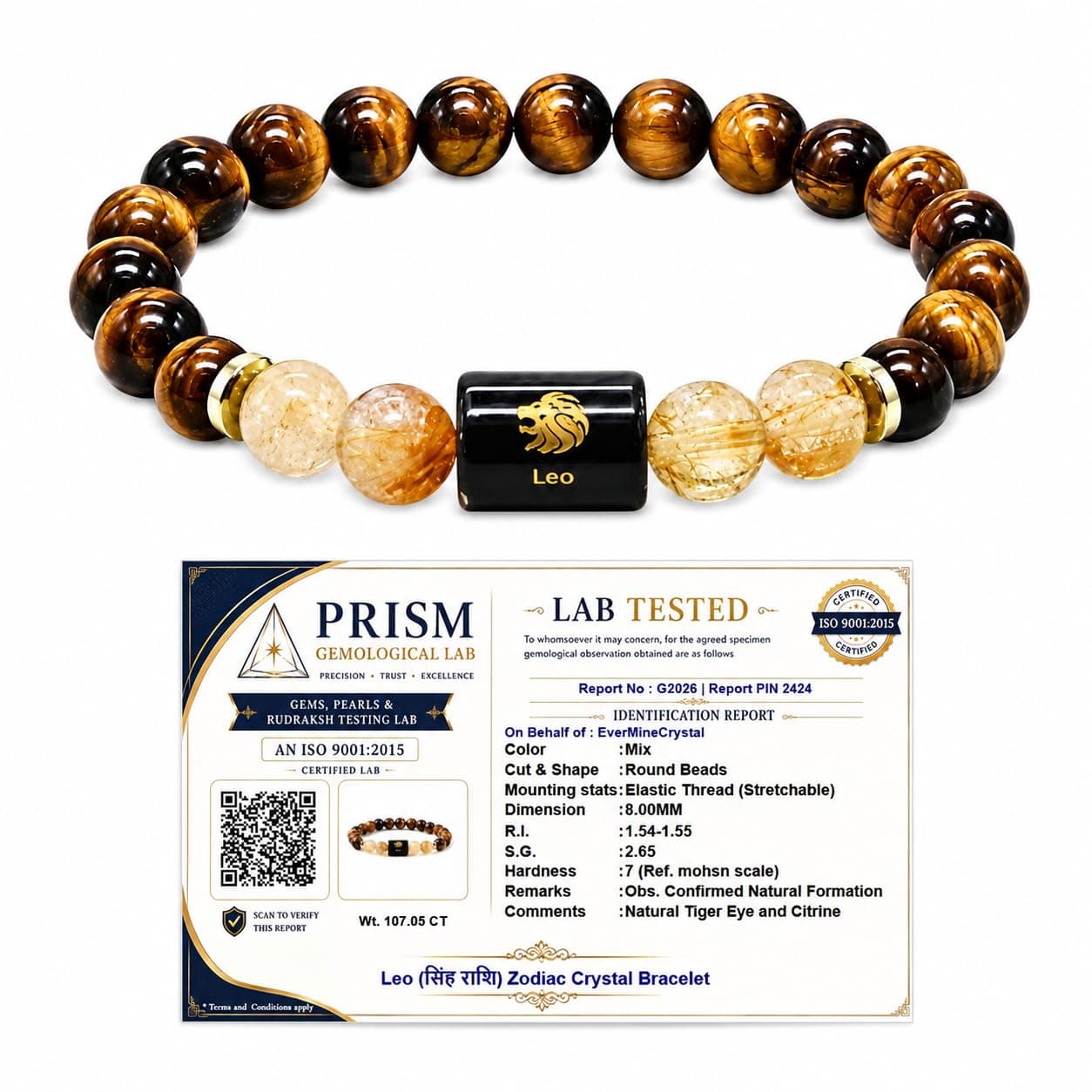 EverMineCrystal Leo Zodiac Bracelet (सिंह राशि) | Certified Healing Crystal for Confidence, Motivation & Positive Energy | Original Tiger Eye & Citrine | Bracelet for Man & Woman | Gift for Man & Woman