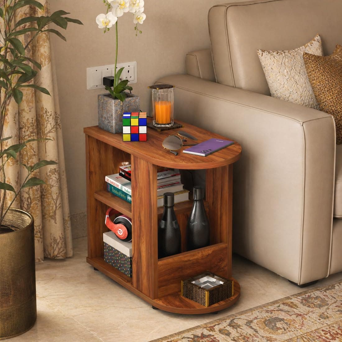 Studio Kook Bene Engineered Wood Side Table | End Table with Storage, Matte Finish, DIY (DO IT Yourself) Assembly (Amber Walnut)