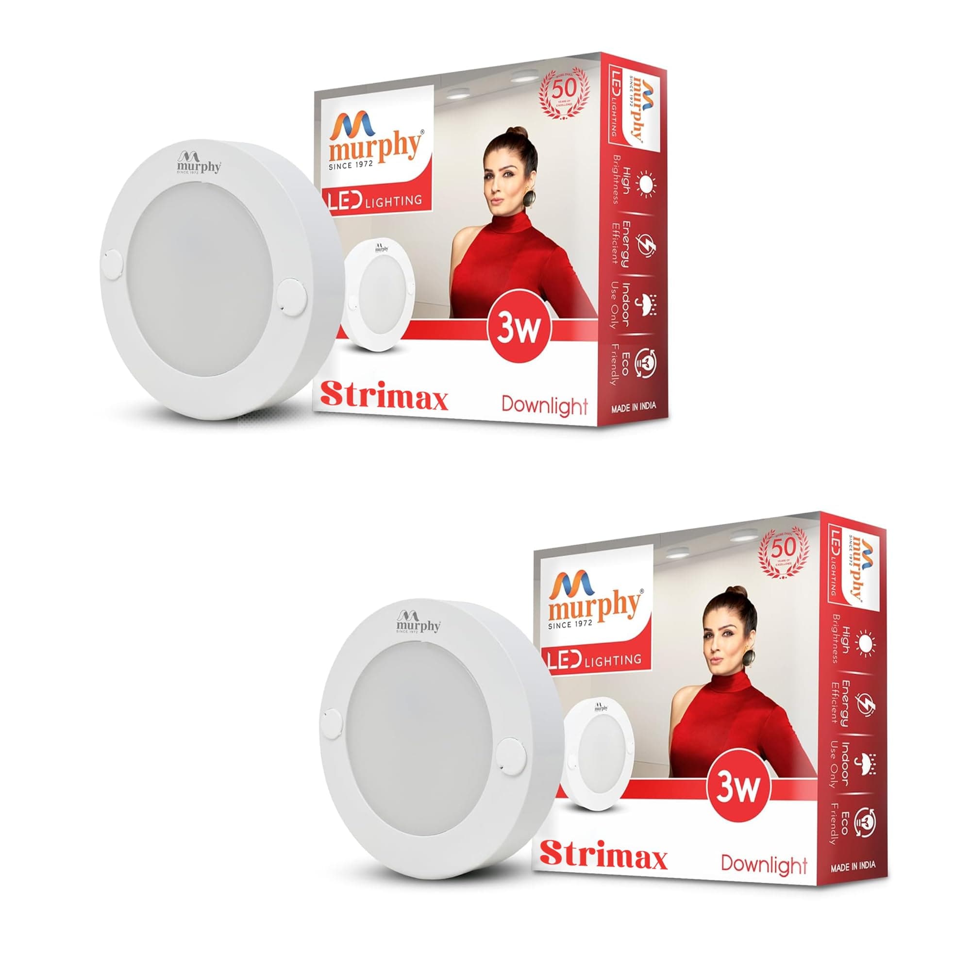 Murphy STRIMAX 3W Surface LED Downlight | Slim Round Cabinet Light | Warm White| Energy Efficient | Long Lifespan| 2 Years Warranty | Pack of 2