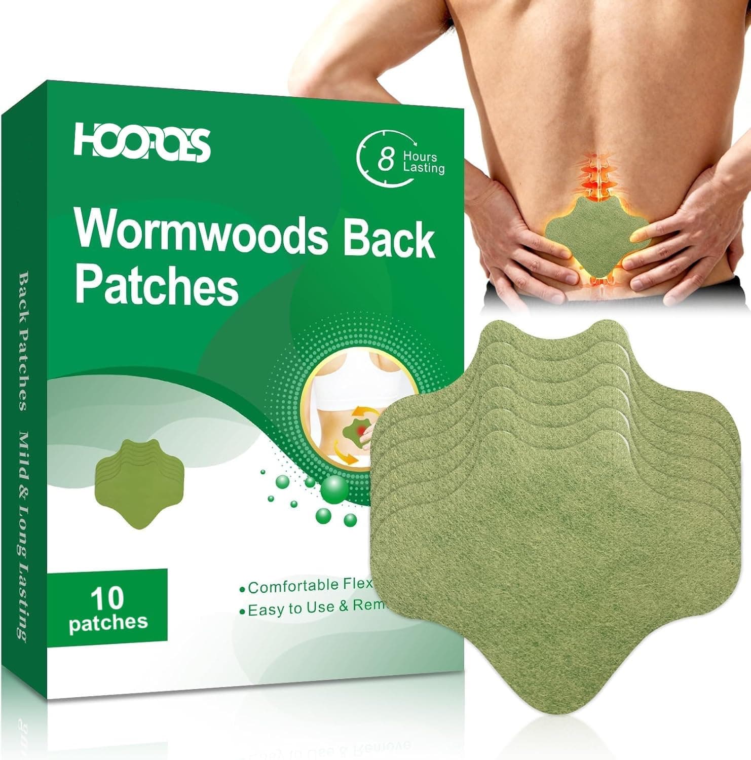 HOOPOES Back Pain Relief Patches | Fast Acting Herbal Patch for Lower & Upper Back Pain, Muscle Strain & Sciatica Support | Hot & Cold Therapy | Long Lasting 8–12 Hours | Easy Peel & Stick (10 Patches)