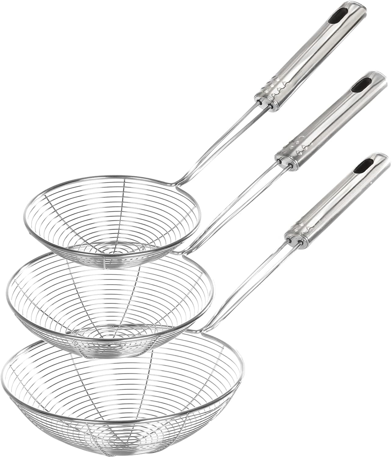 Fancymay Stainless Steel Spider Strainer Skimmer Ladle Set of 3 Sizes for Cooking, Frying, and Food Preparation - Kitchen Pasta Strainer, 38X15.5X5 Cm, Silver