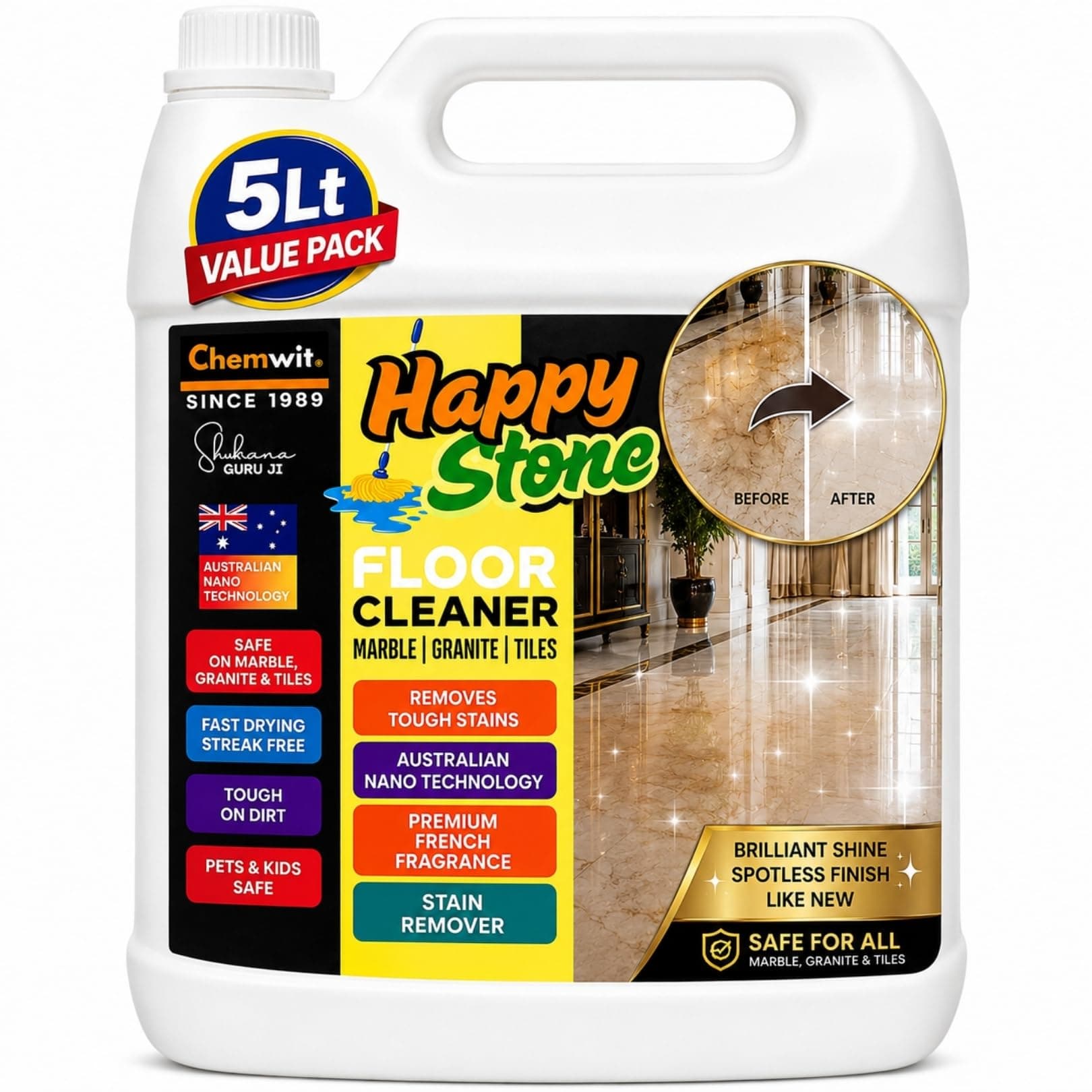 Chemwit Marble Granite Floor Cleaner 5 Ltr – Australian Floor Cleaning Liquid for Home, Bathroom, Kitchen – Safe Neutral pH Stain Remover for Italian Marbles, Granite, Tiles & Wooden Floor.