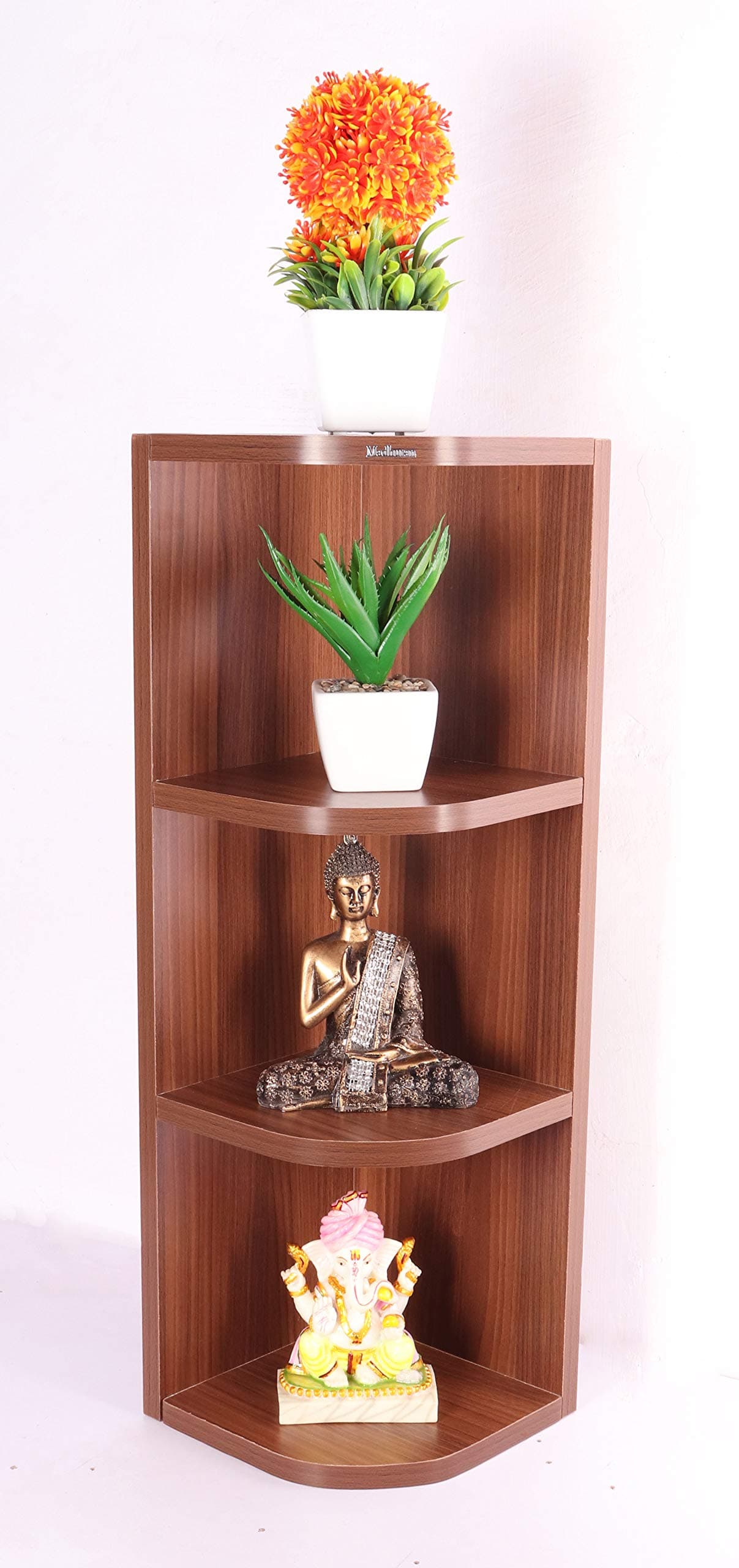 Madhuran Engineered Wooden Wall Mounted Corner Shelf Unit (Tier 4, Teak) Living Room Bathroom Kitchen Bedroom