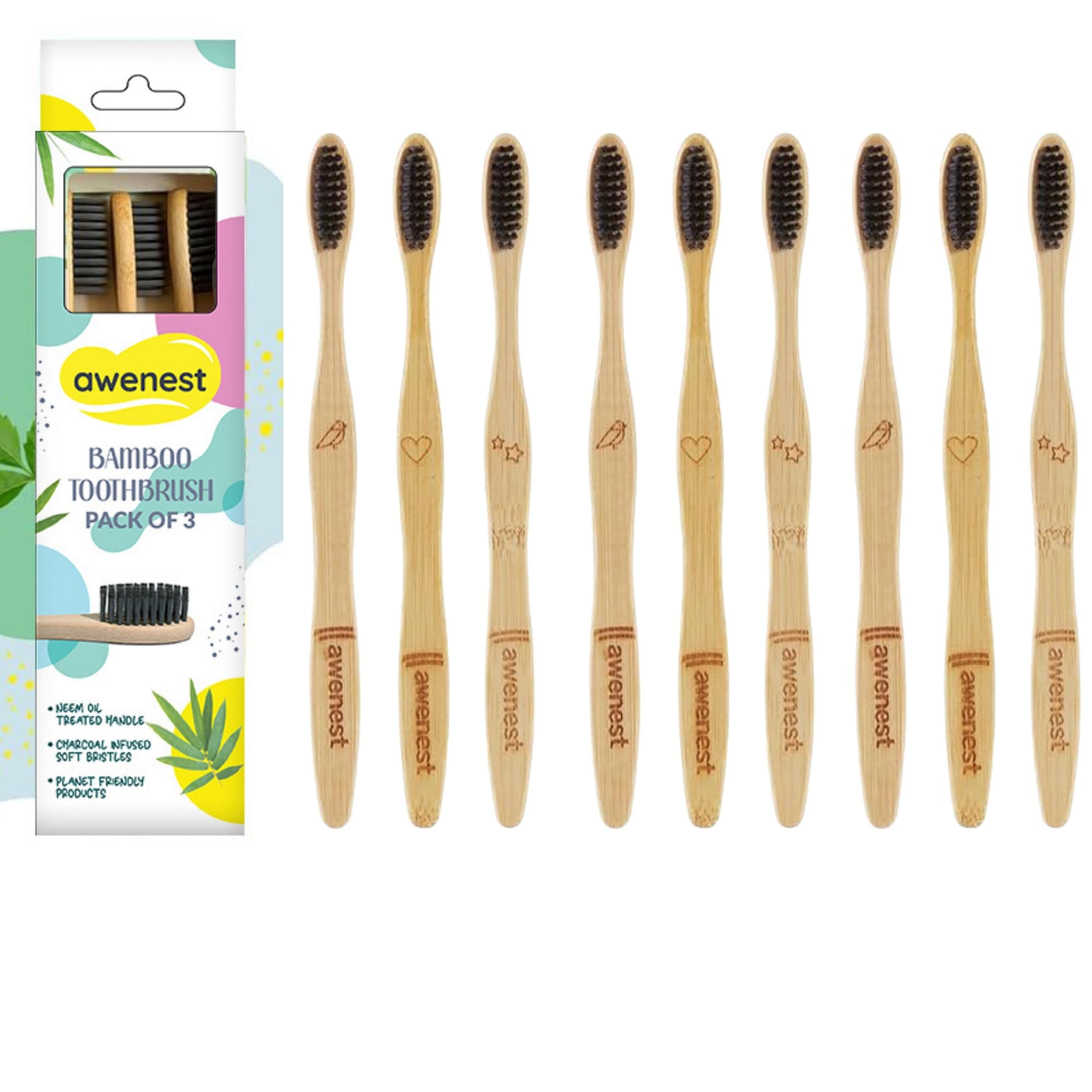 awenest Bamboo Toothbrush With Charcoal Activated Soft Bristles - Pack of 9 | Treated With Neem Oil | For Fungus Protection | Bpa Free, Biodegradable And Compostable Handle | Eco-friendly |