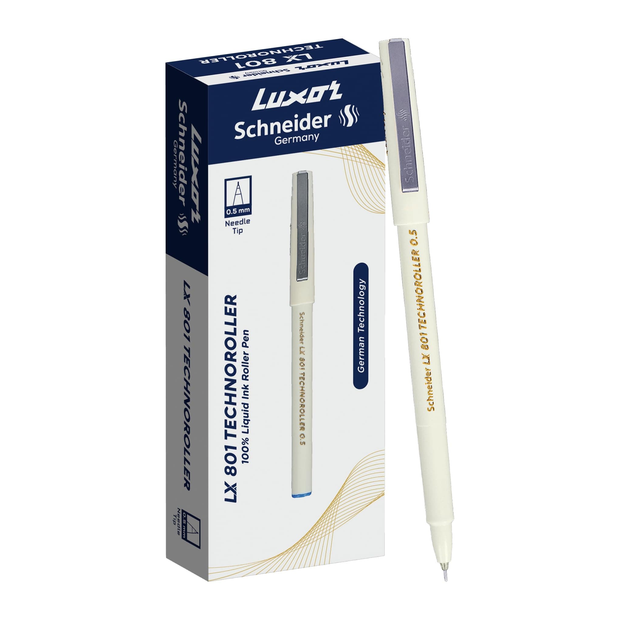 Luxor Schneider LX 801 Technoroller Roller Pen, 0.5 mm Needle Tip, 12 Units Pack, Ink Colour - Blue, 100% Liquid Ink, German Technology