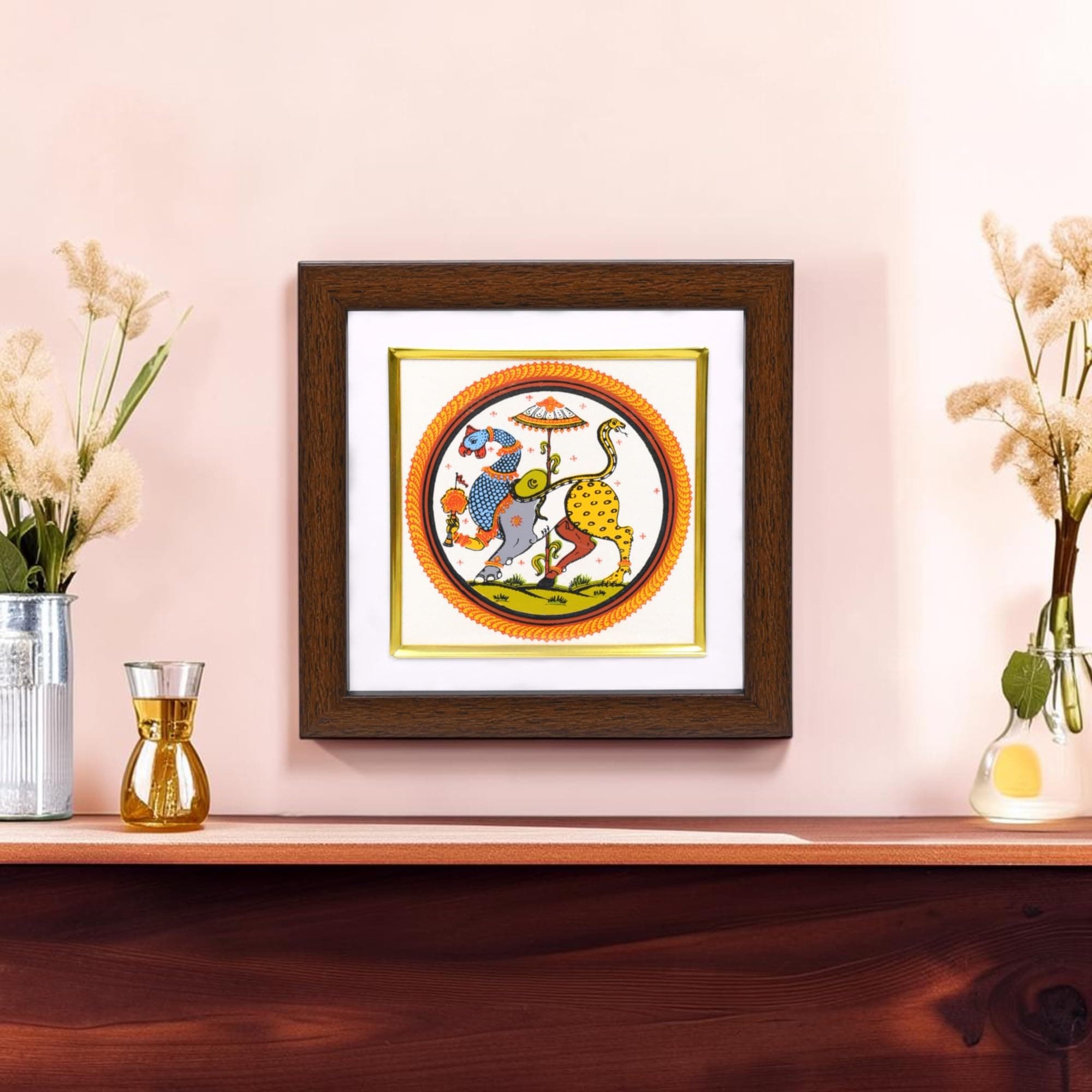 Bhumee Creations Nabagunjara Painting Frame | Tussar Silk | 6.5 x 6.5 Inch | Mini Painting Frame | Traditional Indian Art Wall Decor | Decorative Painting for Living Room, Bedroom & Office