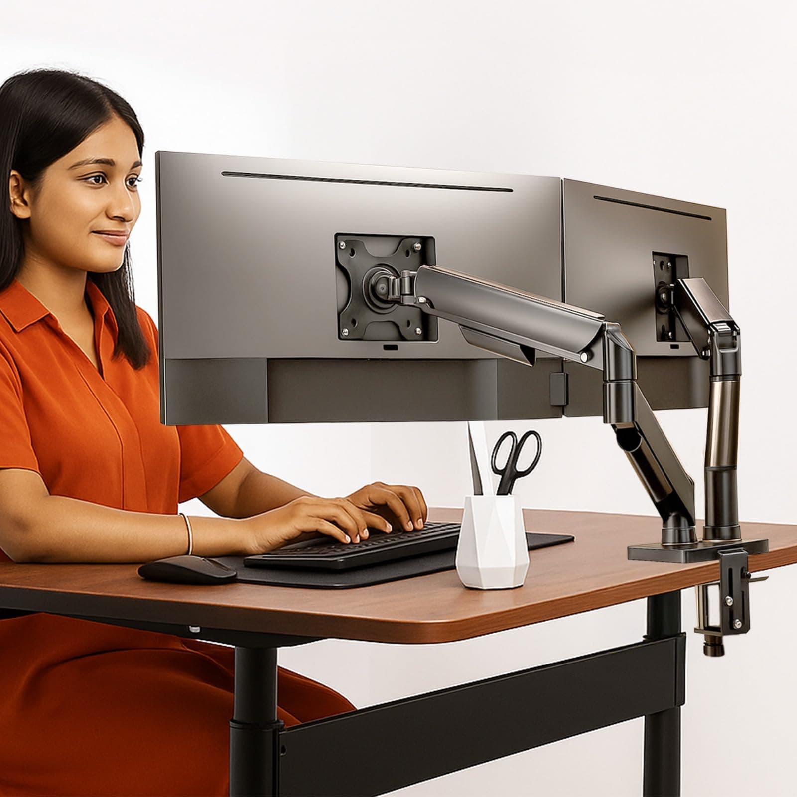 White Mulberry Dual Monitor Arm | Monitor Arm Desk Mount for 15-32 Inch Screens | Dual Gas Spring Monitor Stand | 9Kg Capacity | VESA 75x75 & 100x100 | Adjustable Metal Desk Mount for Dual Screens