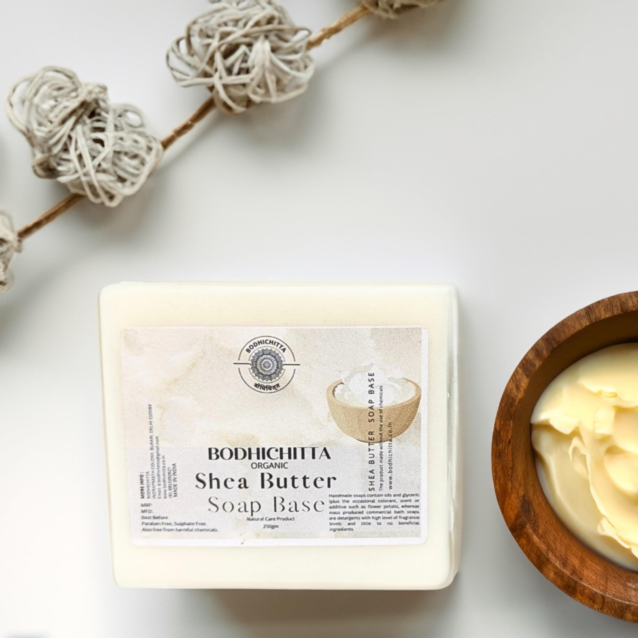 Bodhichitta Shea Butter Soap Base |100% Pure Organic & Natural | Paraben, SLS, Chemical Free | Melt & Pour Soap Base Bar For Soap Making 250gm (250gm, Shea Butter)