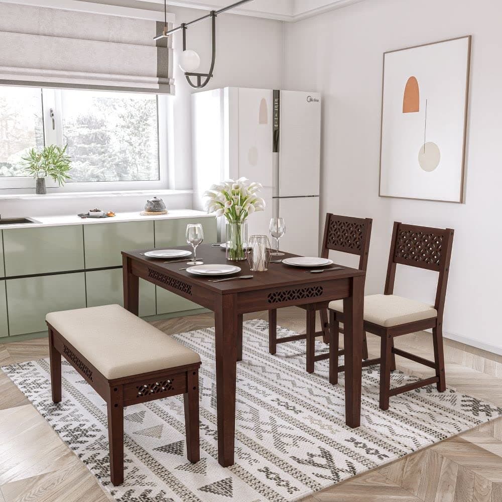 Wakefit Dining Table Set | 3 Years Warranty | Dining Table, Dining Table 4 Seater, Dining Table 4 Seater with Chairs and Bench - Fanila (Sheesham Wood, Brown)