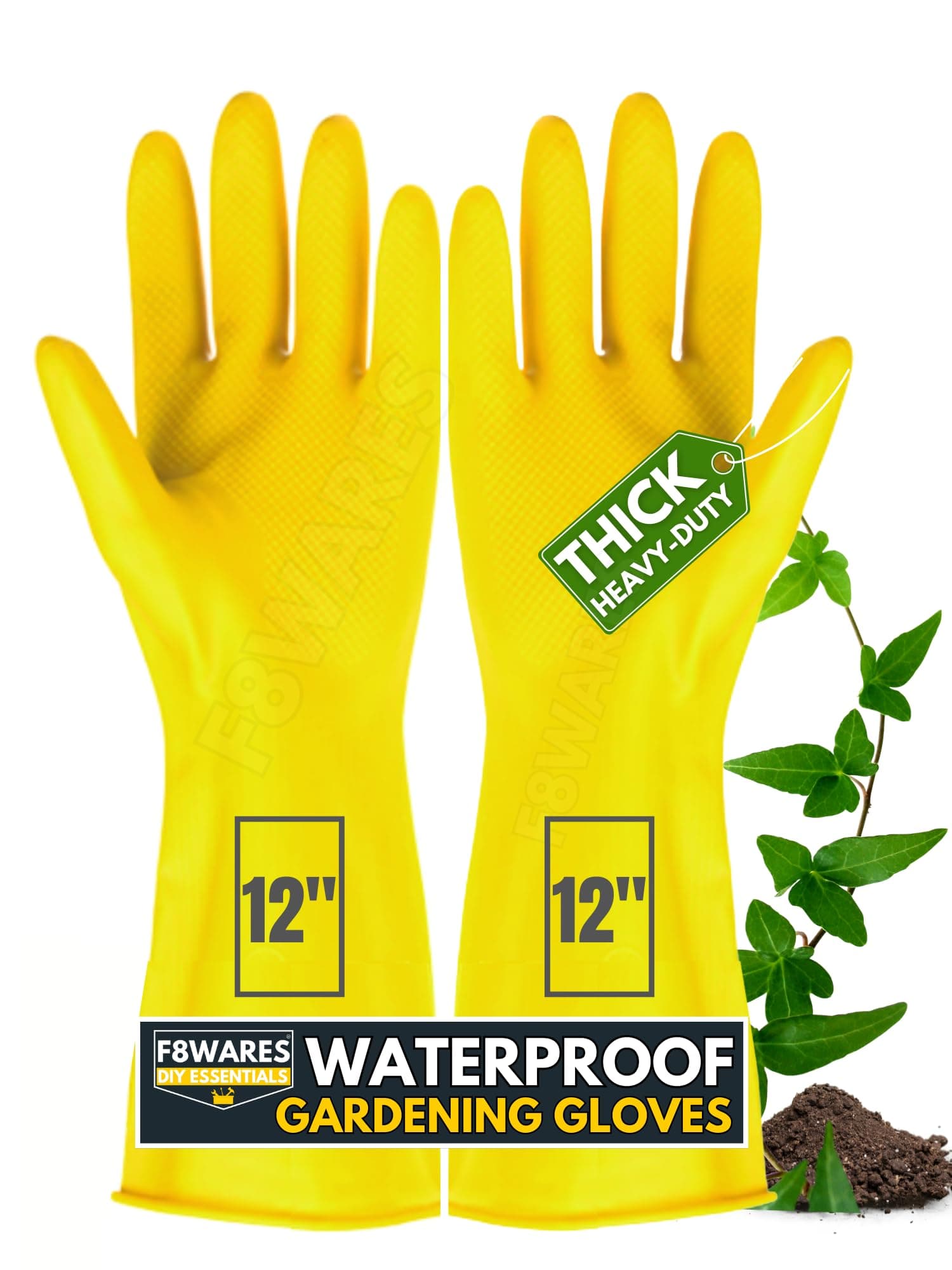 F8WARES 12inch Long Thick and Heavy Duty Latex Rubber Gardening Gloves - Waterproof Garden Gloves for Home Garden, Farming, Agriculture & Dairy Work, Pack Of 1, Yellow